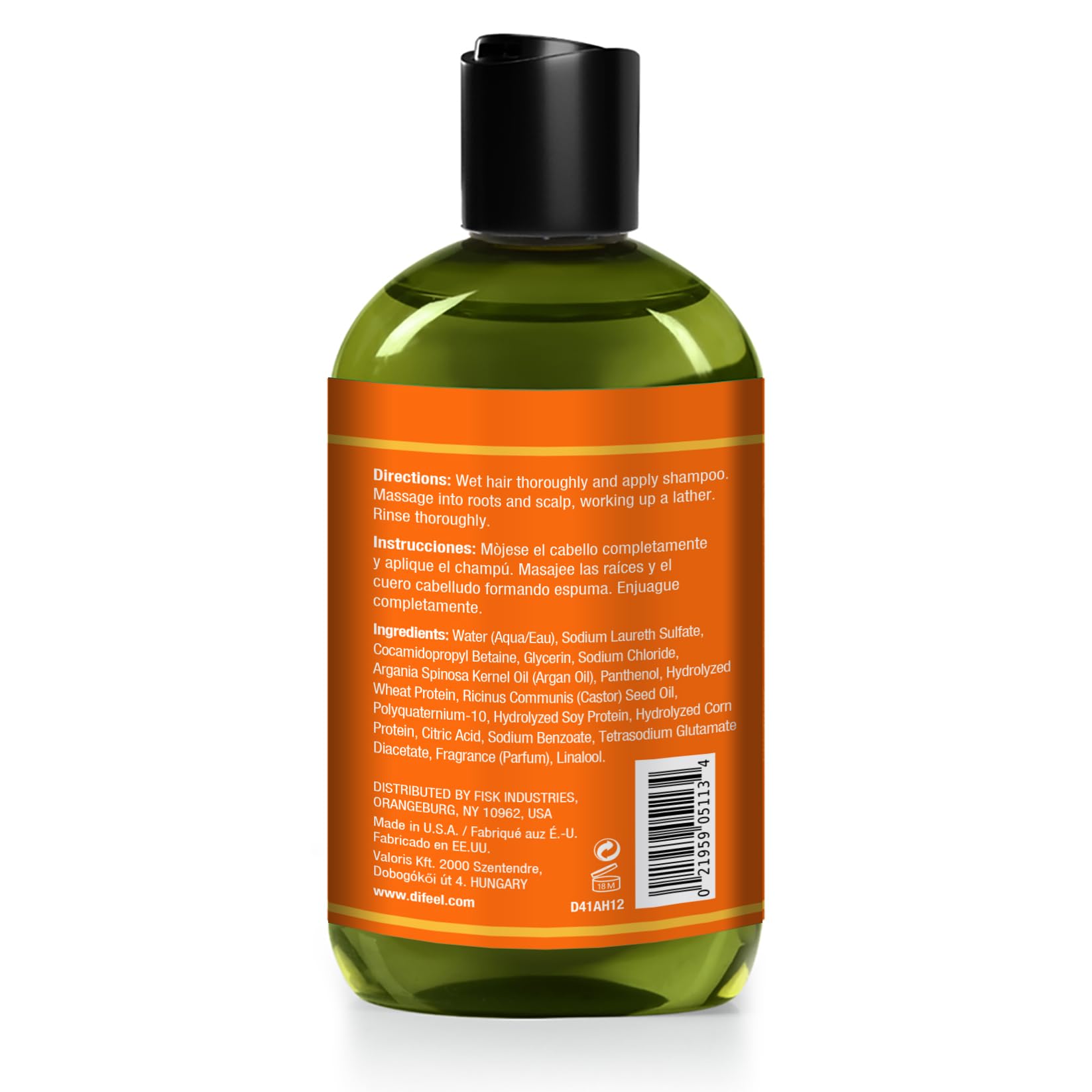 Difeel Argan Hydrating Shampoo 12 oz. - Argan Oil Shampoo, Natural Paraben Free Shampoo for Hair