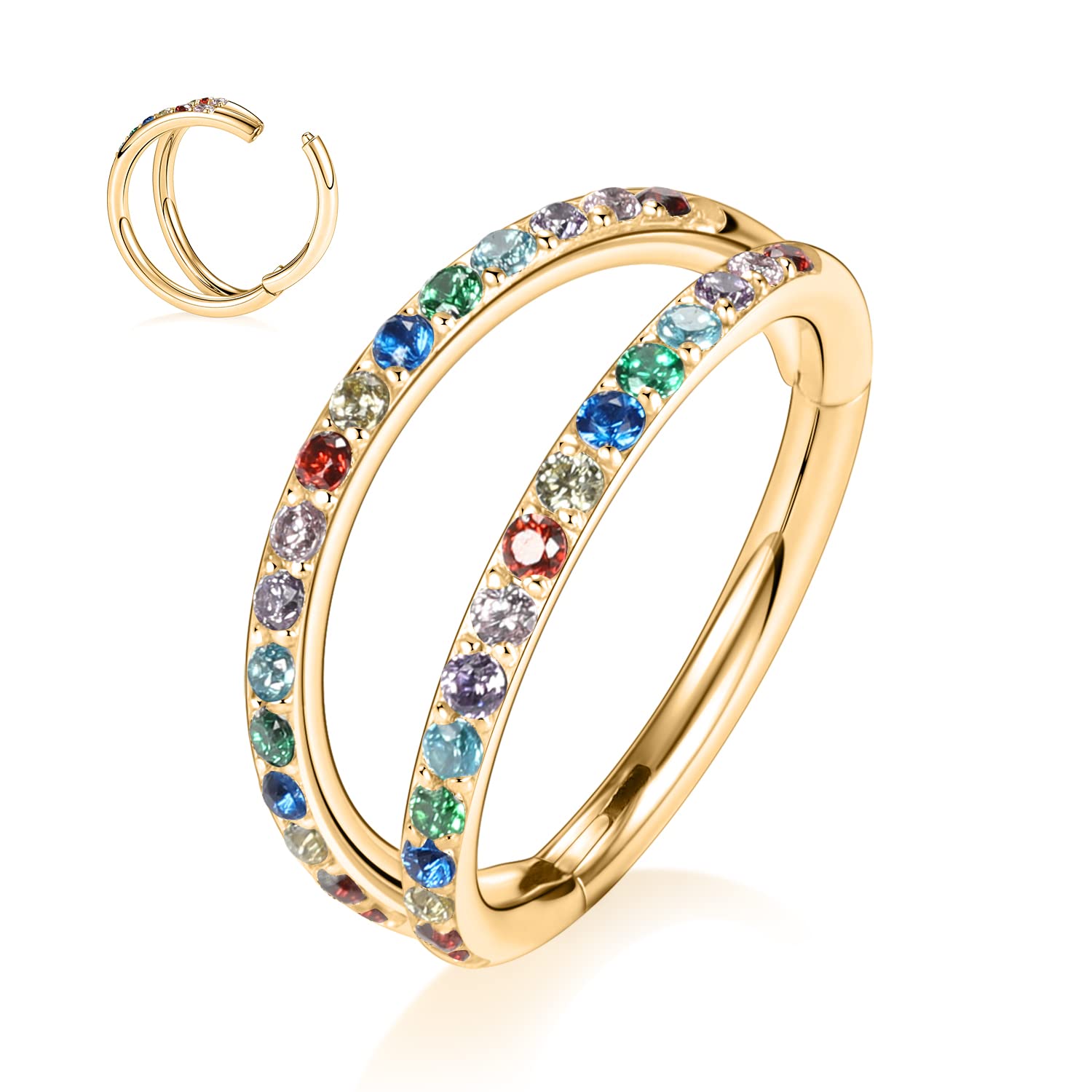 18G Double Open Stacked Septum Nose Ring Conch Hoop Earrings Cartilage Helix Earrings Gold 316L Surgical Steel Micro Paved Gems 