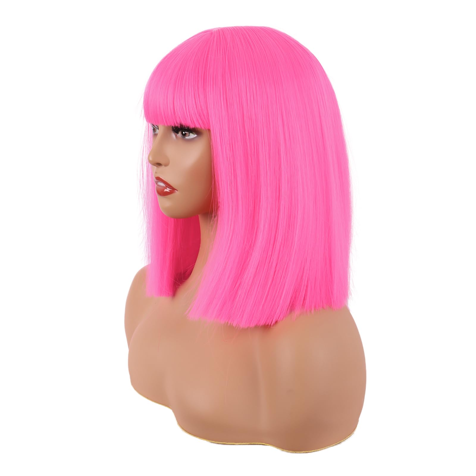 MapofBeauty 12 Inch/30 cm Straight Bob Flat Bangs Short Colorful Synthetic Hair Cosplay Party Wig (Neon Pink)