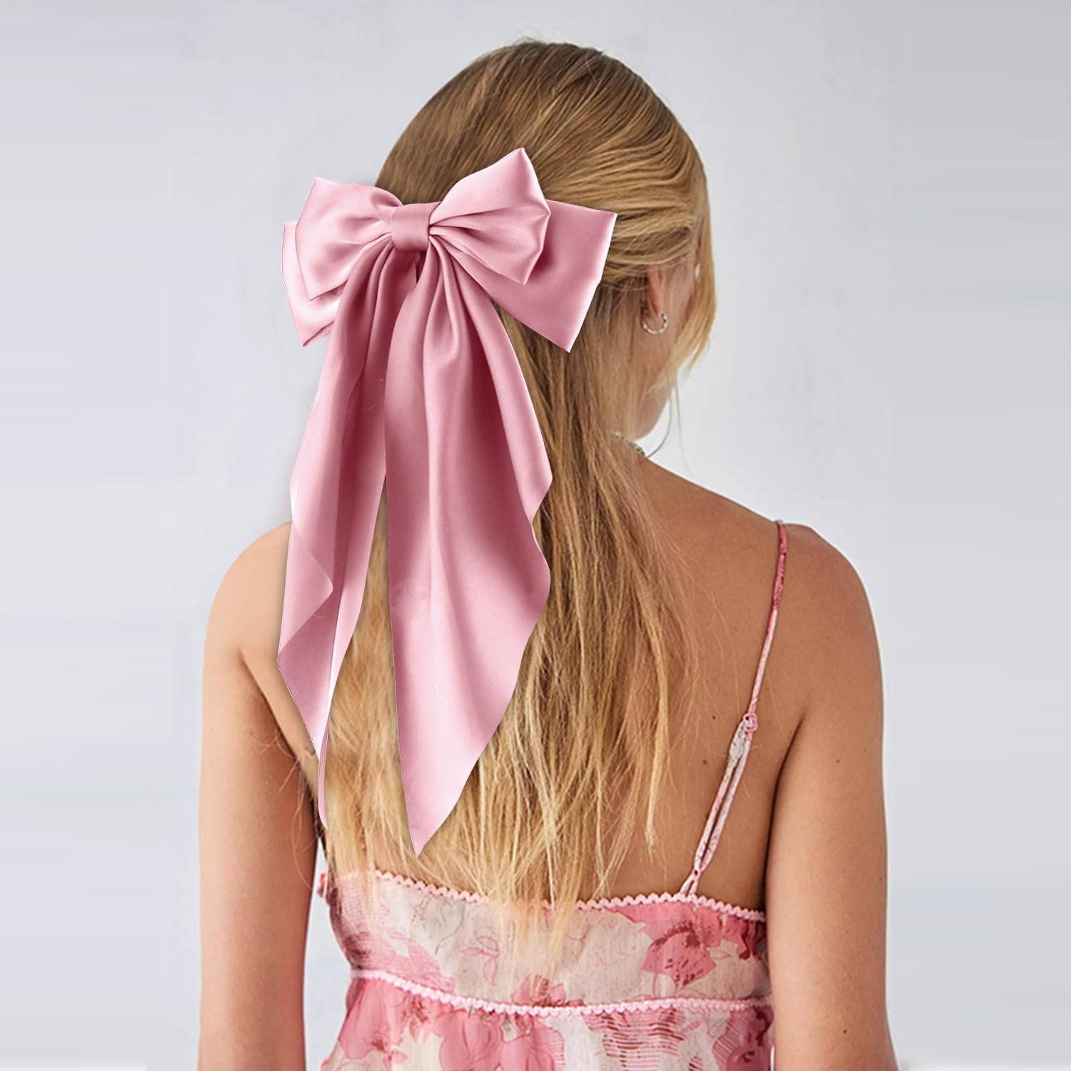 Atoden Women'S Hair Accessories - 4Pcs Oversized Satin Long Tail Bowknot Hair Clips With Metal Barrettes In Beige, Pink, Blue, P