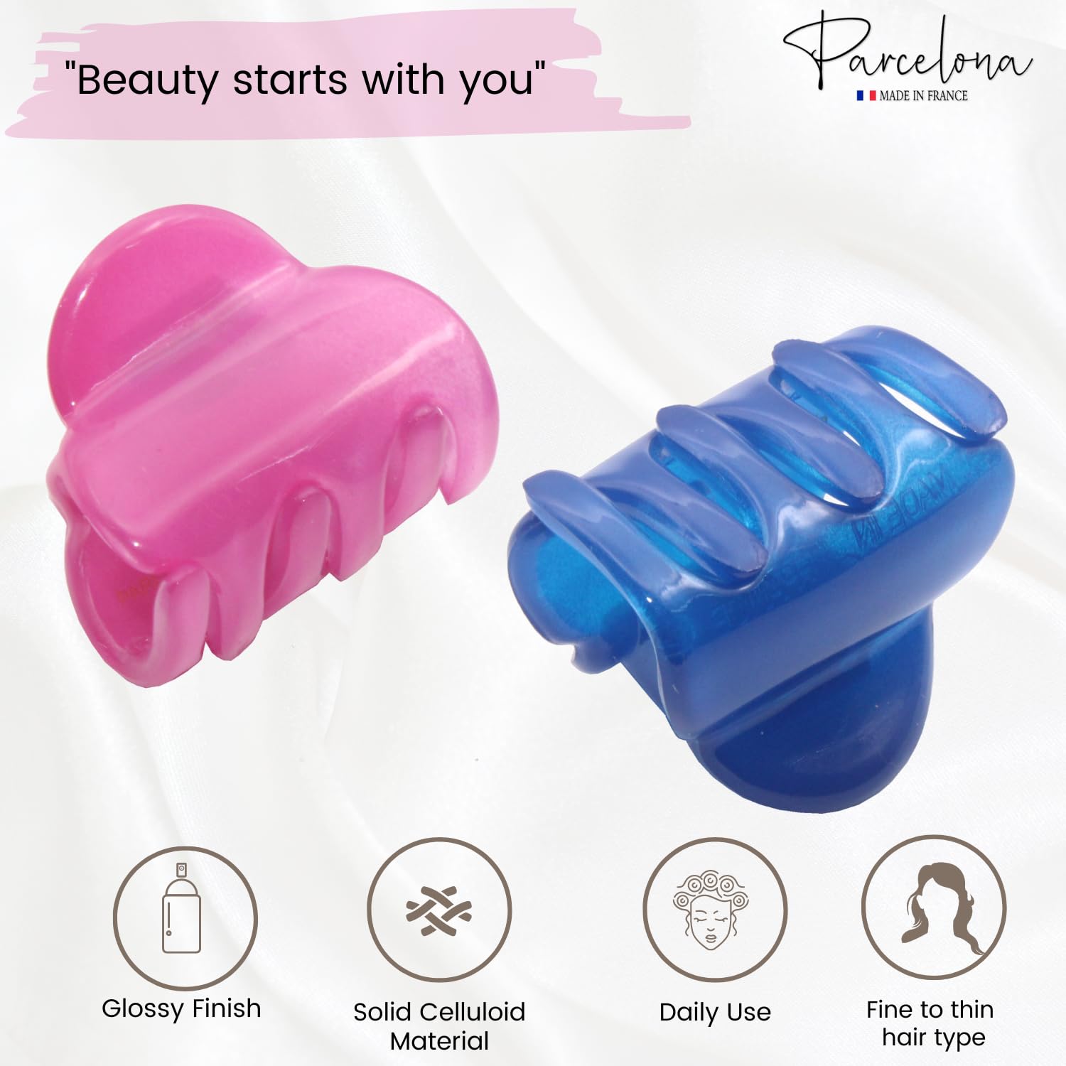 Parcelona French Chic Duo Small 1 1/4 Celluloid Set of 2 Hair Claw Clips for Thin Hair Women and Girls (Pink and Blue)
