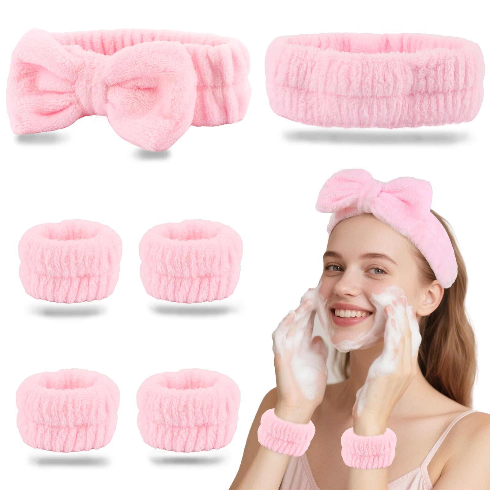 Wecoe Spa Headband & Wristbands Set for Washing Face Makeup Skincare Headband Soft Puffy Microfiber Bow Face Wash Headbands Wris