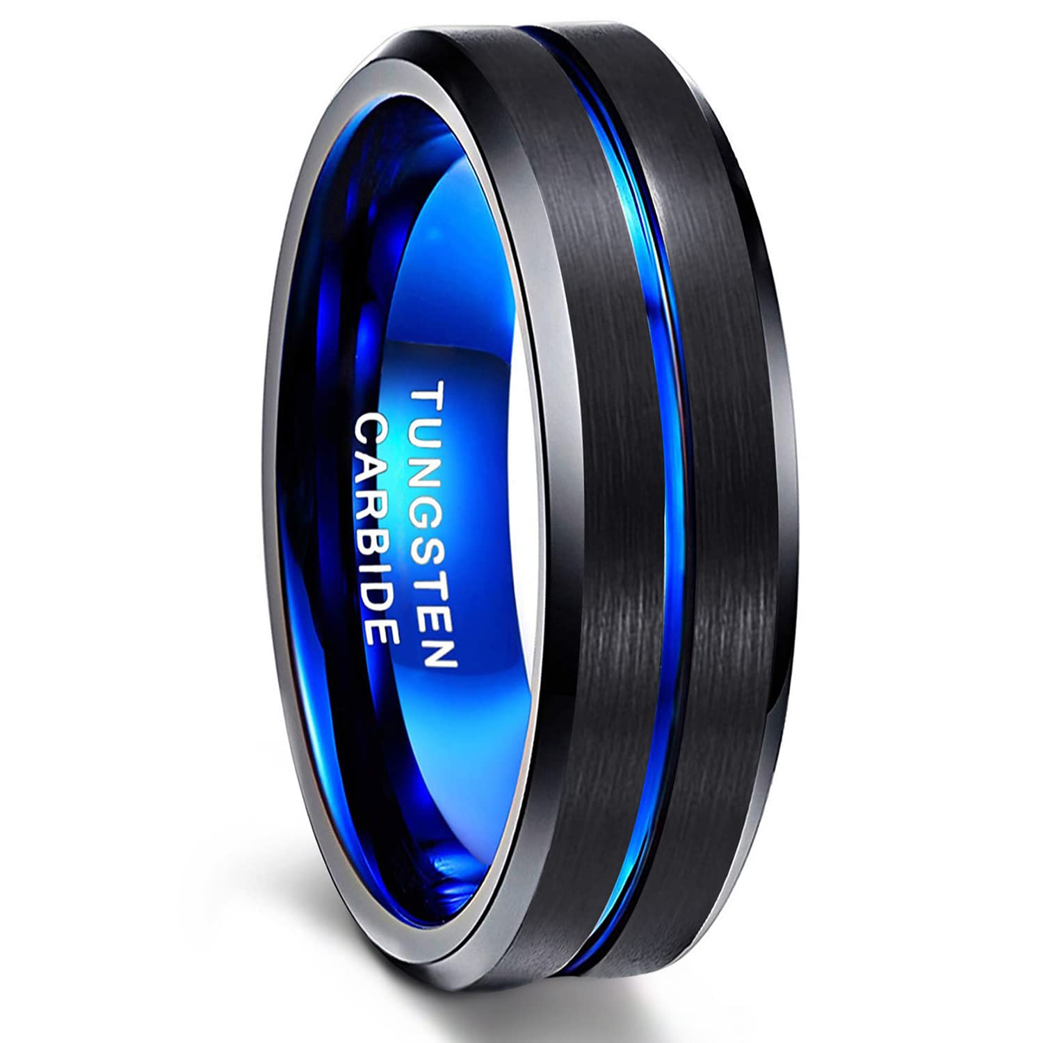 Greenpod 6mm Mens Black Tungsten Ring with Thin Blue Groove Beveled Edge Comfort Fit Size 10