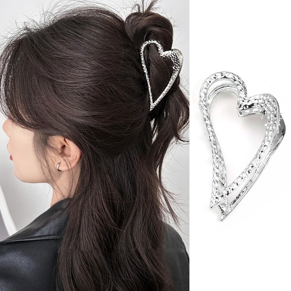 KOLONAMS Heart Hair Clip, Metal Sliver, Valentine's Day Hair Accessories, No Slip Heart-Shape Claw for Thick & Thin Hair, 3.14 i