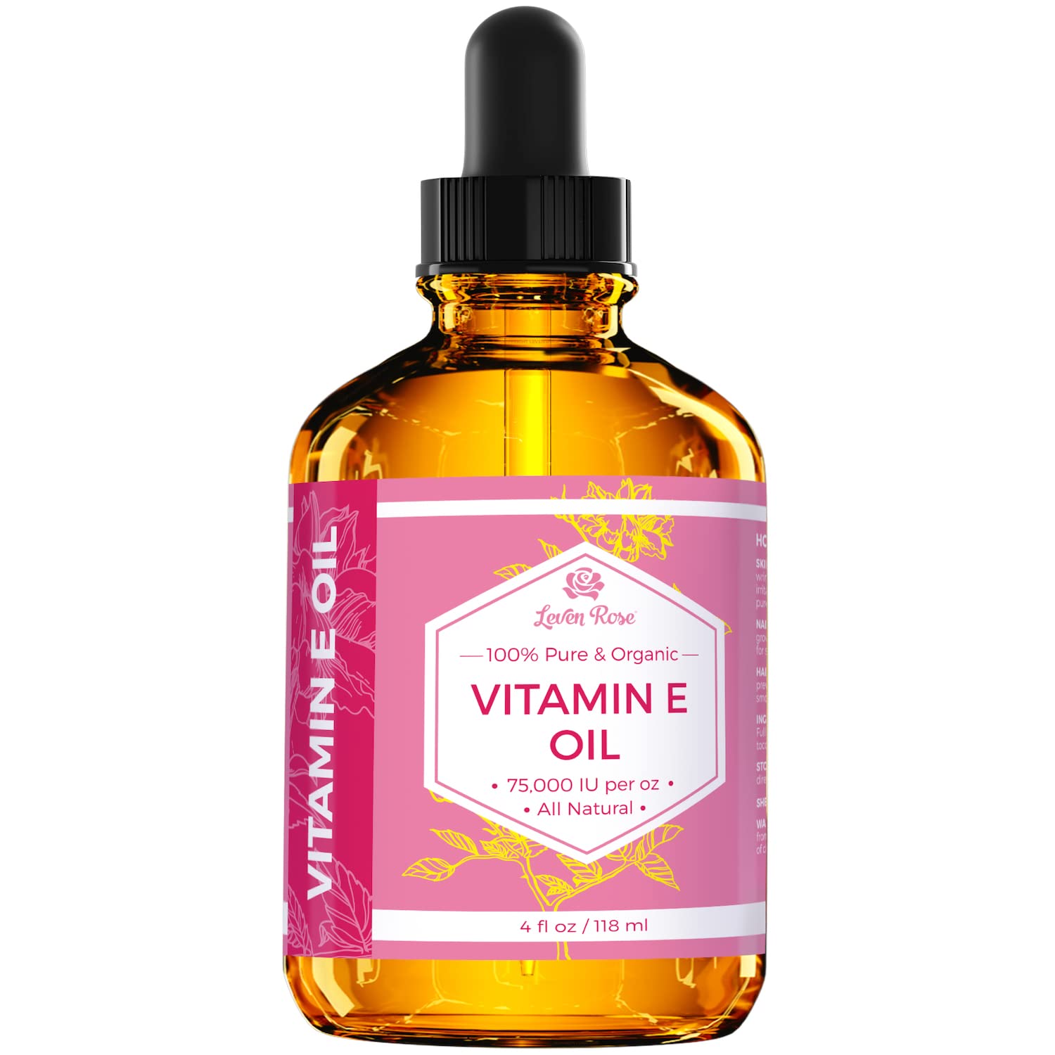 Leven Rose Pure Vitamin E Oil 75,000 Iu Per Oz 100% Natural, Organic For Skin, Face, Hair, Nails, And Scars, 4 Oz