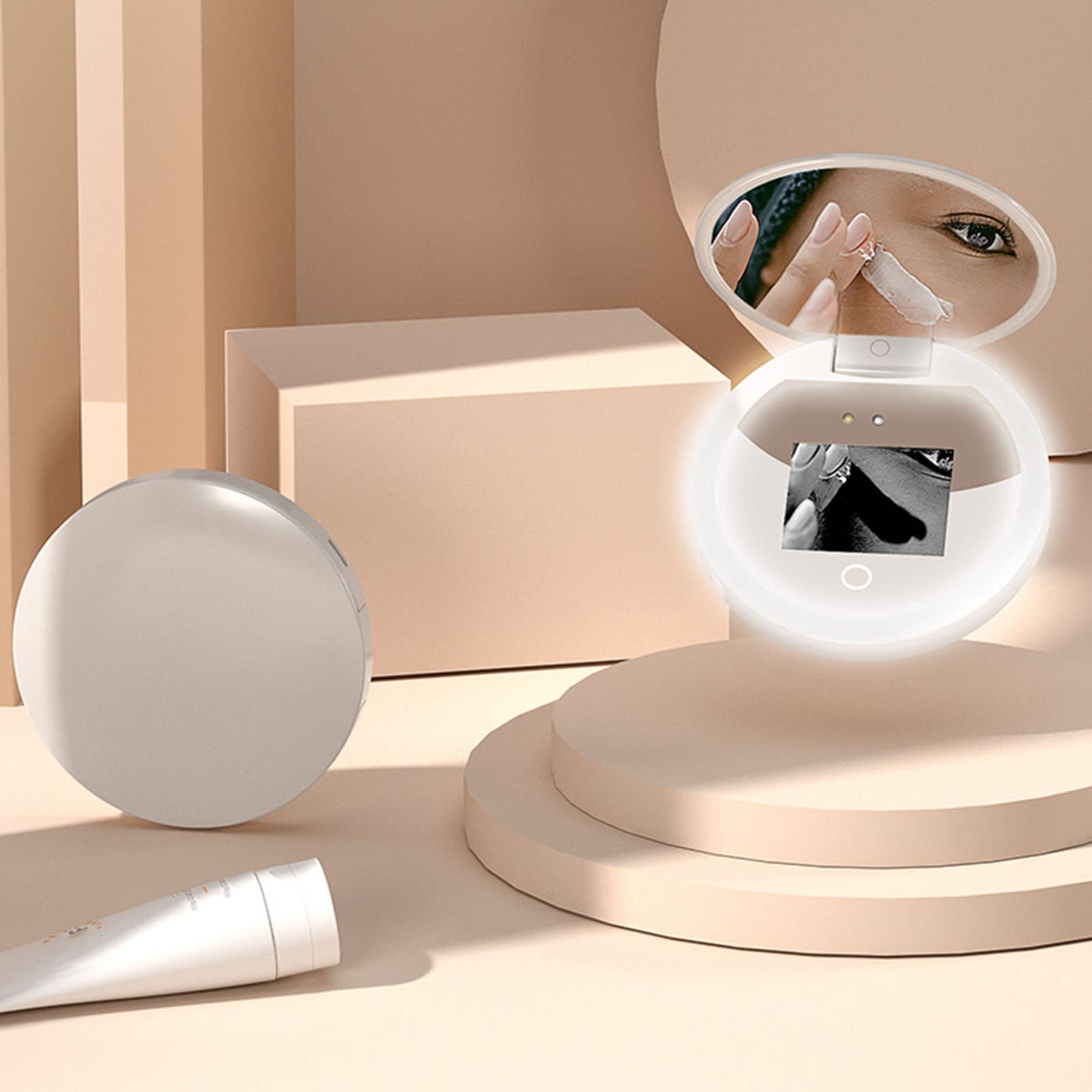 Diyeeni Compact Mirror With Uv Camera For Sunscreen Test, Travel Lighted Makeup Mirror, 2X Magnification, Portable 2 Sided Pocke