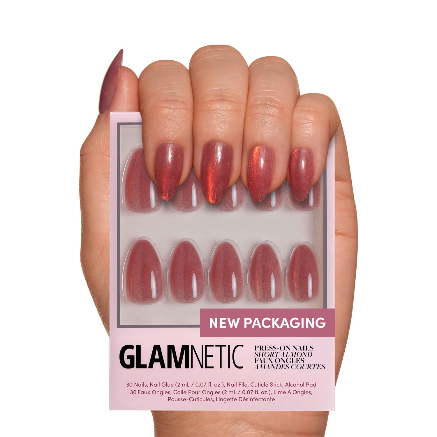 Glamnetic Press On Nails - Rose | Short Almond Rosy-Pink Nails with a Mesmerizing Metallic Finish | 15 Sizes - 30 Nail Kit with 