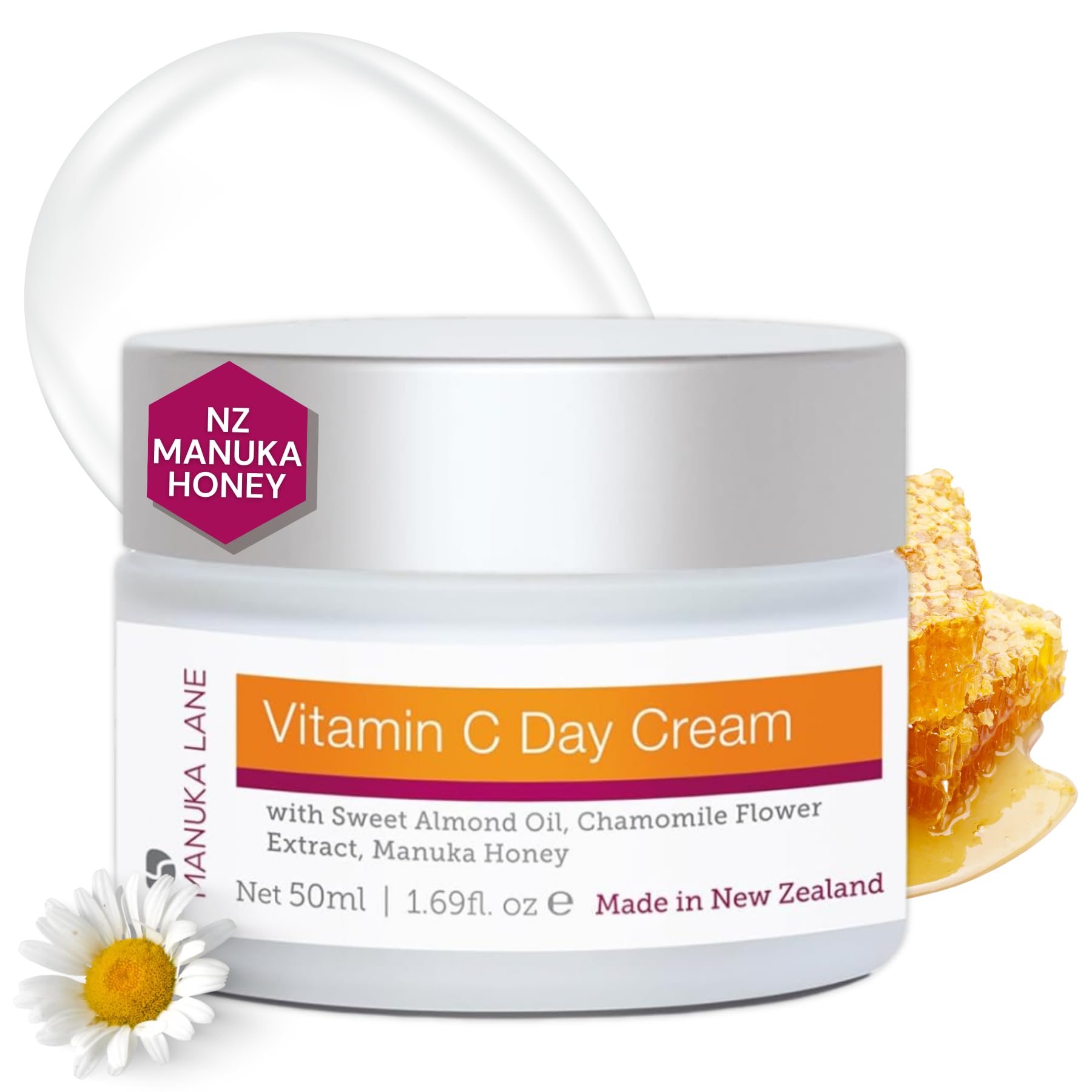Vitamin C Day Cream for Face and Neck with Chamomile Flower Extract, Manuka Honey & Sweet Almond Oil | Plant Based Formula | Car