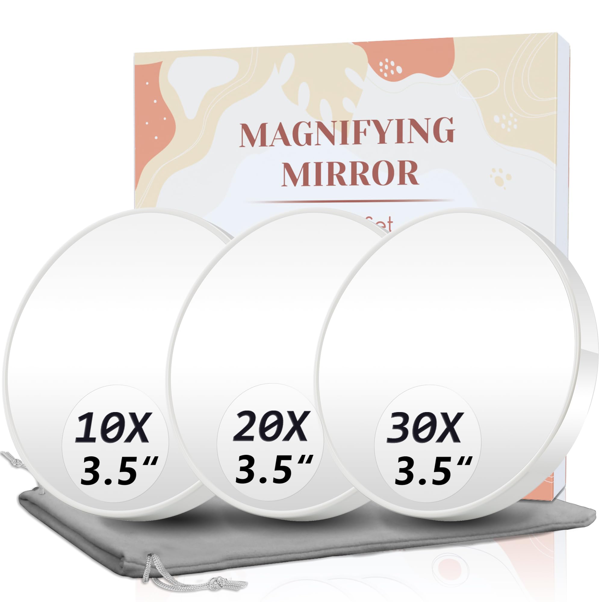 Magnifying Mirror, 10X & 20X & 30X Set, Magnified Mirror 3.5'' With Two Suction Cups, Travel Magnifying Mirror Set Comes With Po