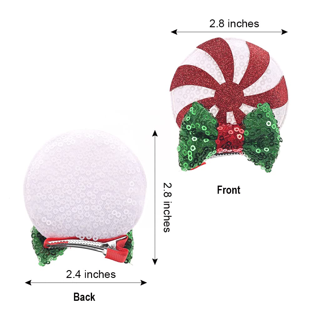 Jiahang Christmas Mouse Ear Clips With Glittering Sequin Bow 2 Pairs, Lollipop Girls' Hair Barrettes Hair Accessories For Theme