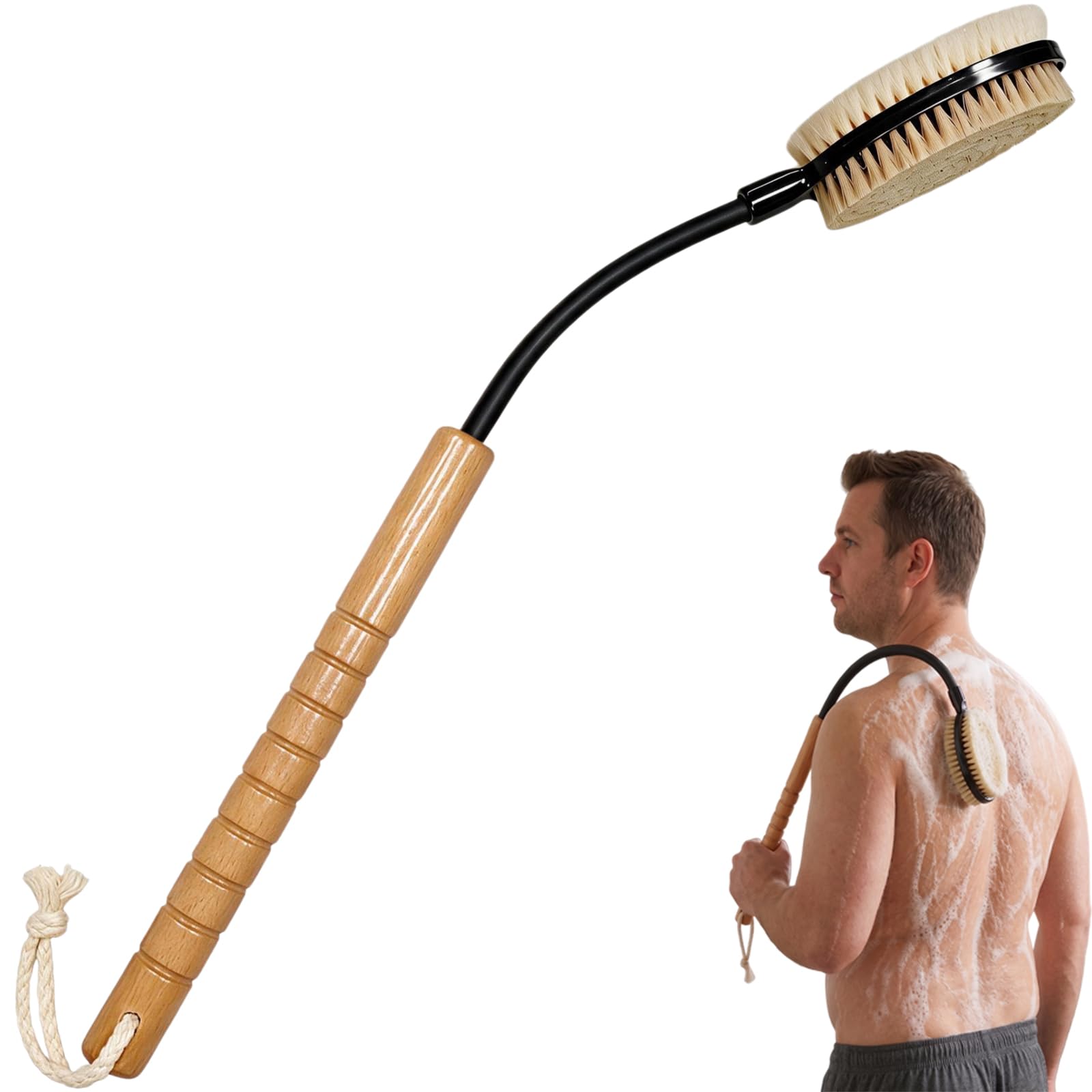 DualSided Bath Brush with Flexible Neck, Long Handle