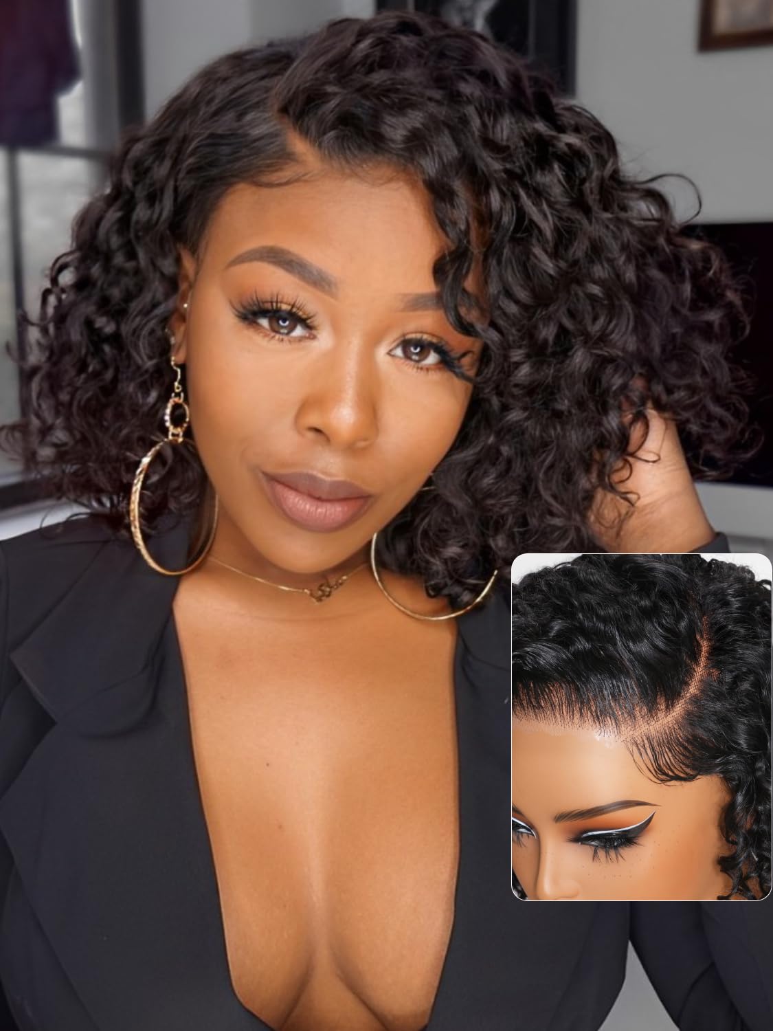 UNICE 10" Short Curly Bob Wig - Human Hair, Pre-Plucked, Glueless, HD Lace Closure, Black Color