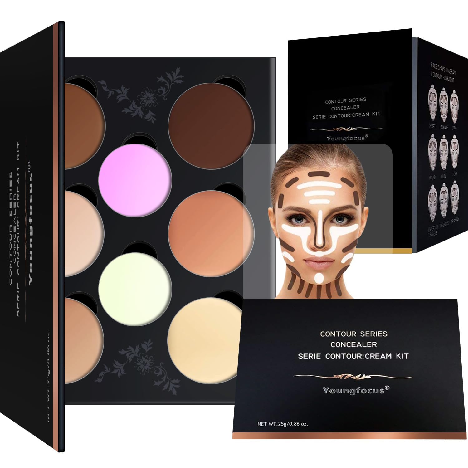 Youngfocus Cosmetics Cream Contour Best 8 Colors And Highlighting Makeup Kit - Contouring Foundation/Concealer Palette - Vegan &
