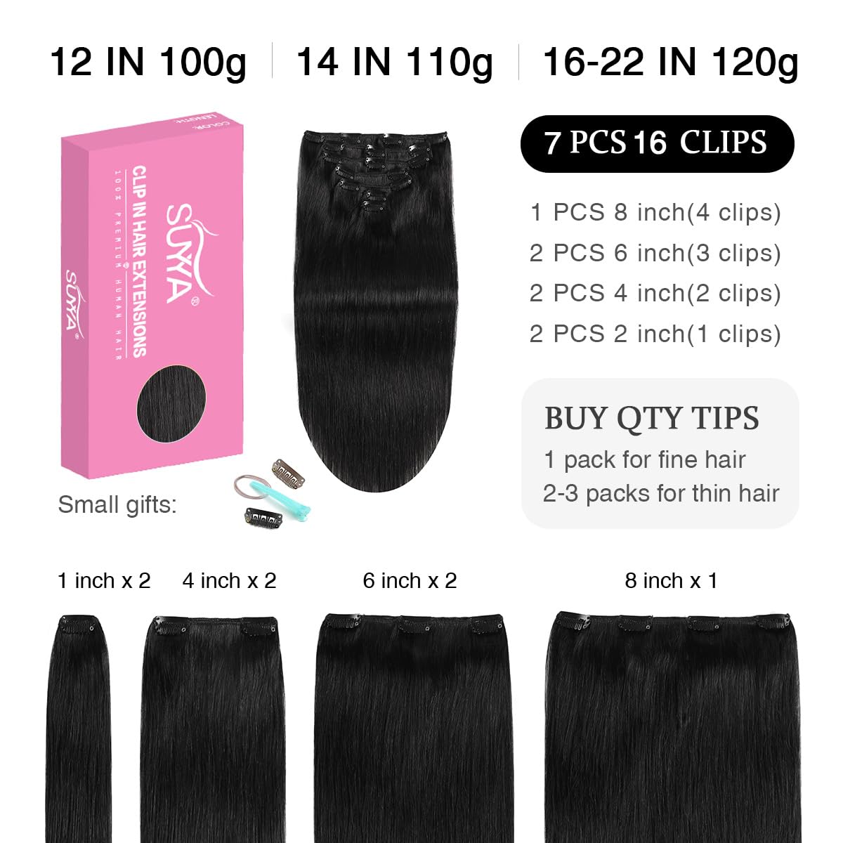 Suyya Hair Extensions Clip Ins,14 Inch 7Pcs 110G Jet Black Clip In Hair Extensions Human Hair Straight Clip In Hair Extensions R