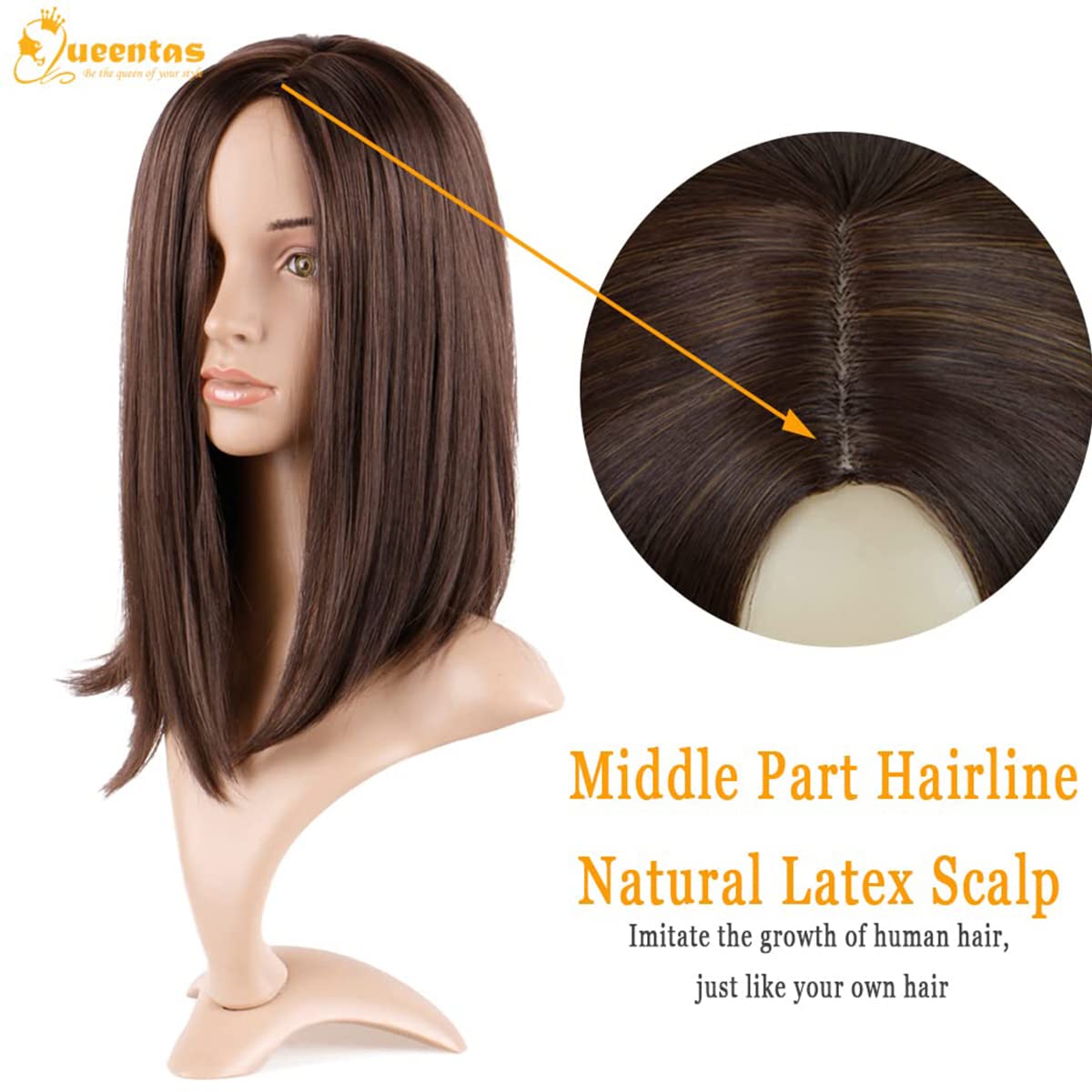 QUEENTAS Short Brown Bob Wig Shoulder Length Straight Bob Synthetic Hair Wigs for White Women with Middle Part Bangs Daily Use (
