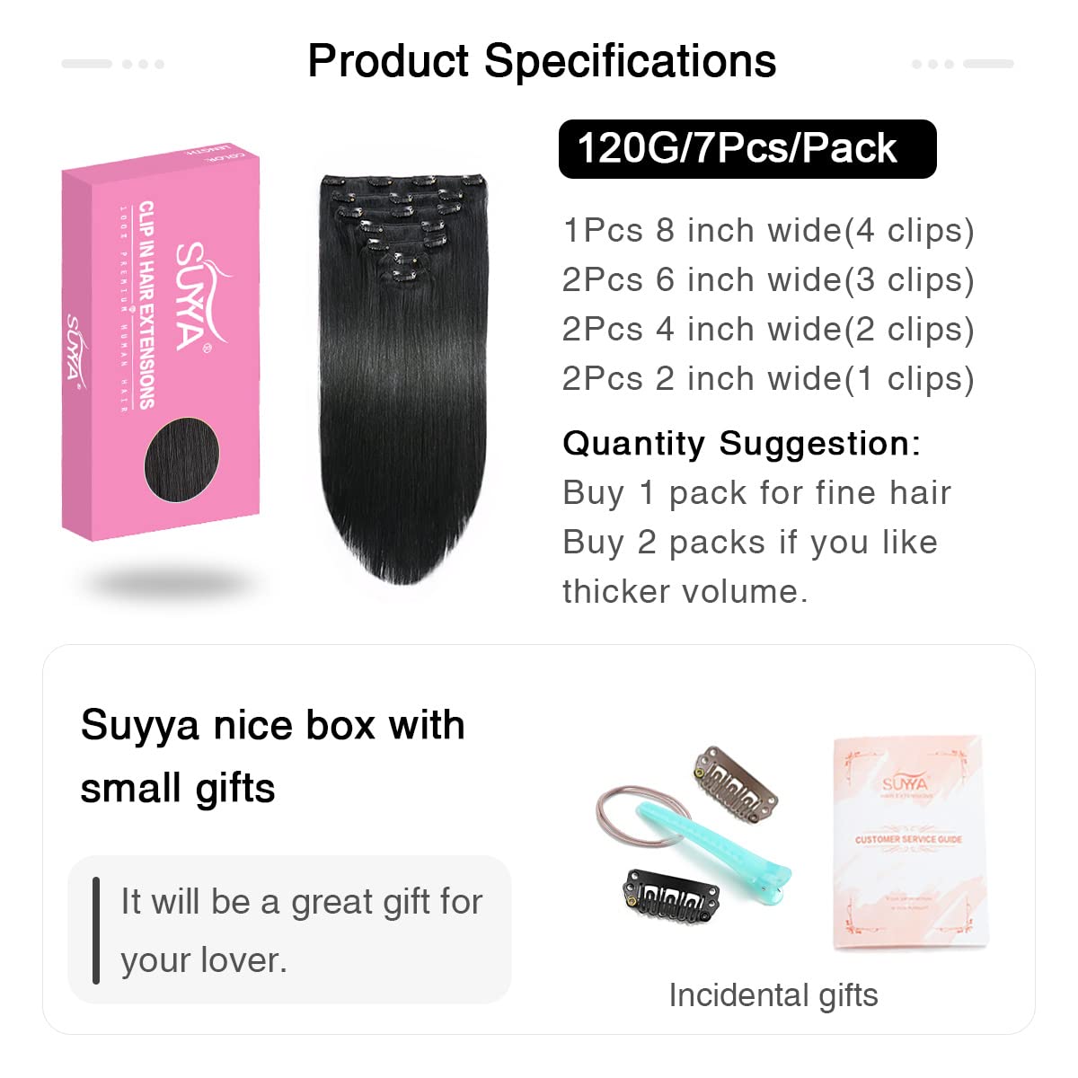 SUYYA Clip in Hair Extensions Real Human Hair,Jet Black Clip in Hair Extensions Human Hair Straight Hair Extensions Clip ins Dou
