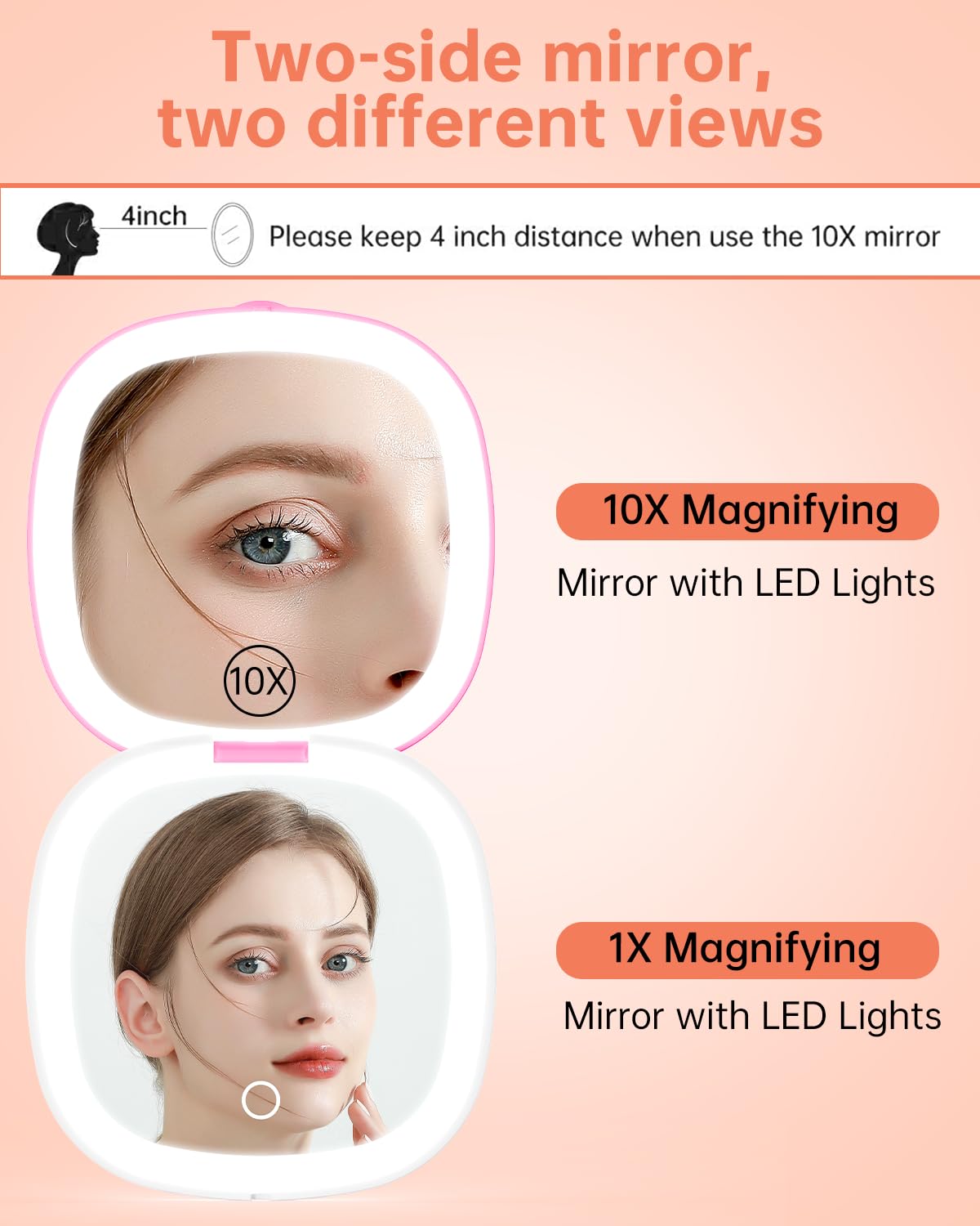 Gospire 3.9'' Rechargeable Travel Makeup Mirror With Lights And Magnification 10X, 3 Light Colors & Adjustable Brightness, Magne