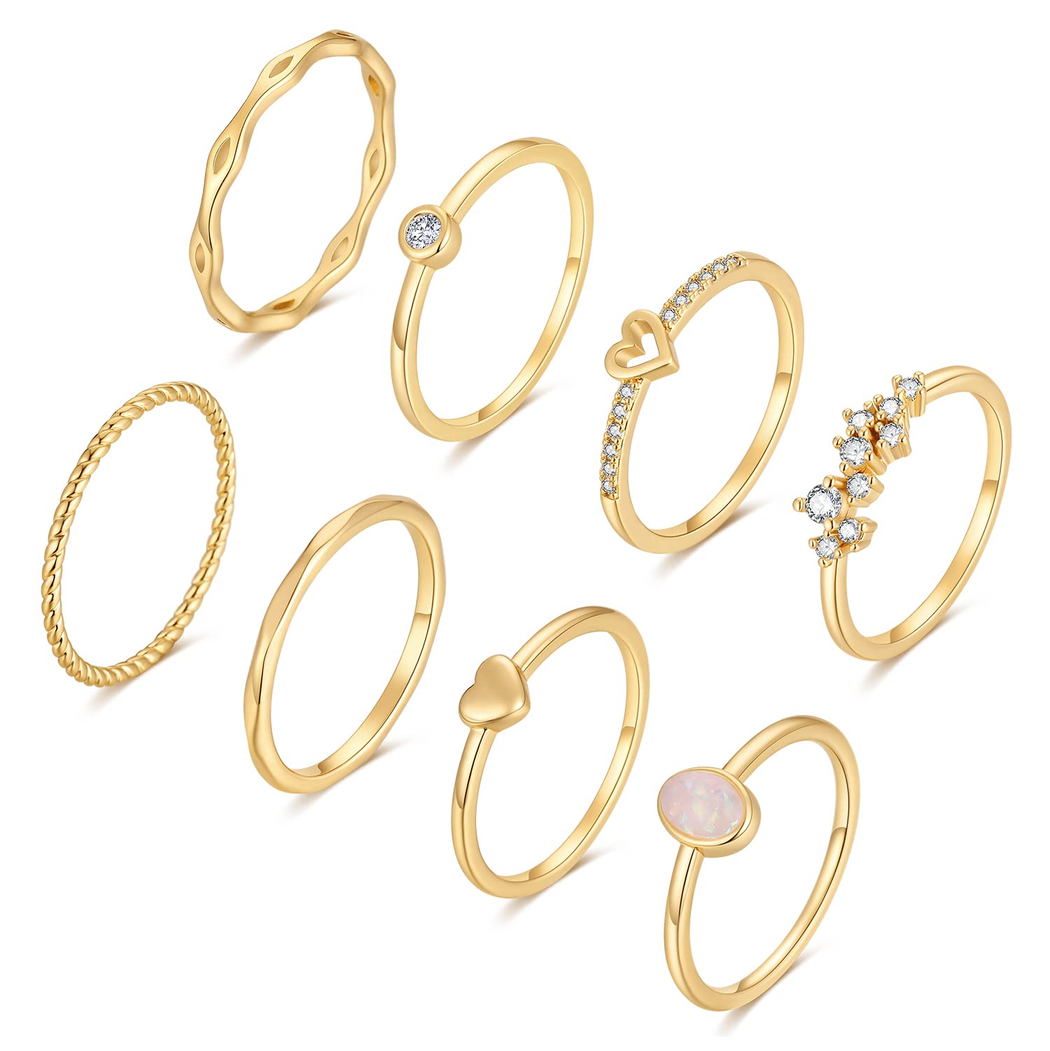 RLMOON 8PCS 14K Gold Plated Stacking Ring Set for Women Teen Danity Thumb Stackable Rings Gold Heart CZ Promise Eternity Rings P