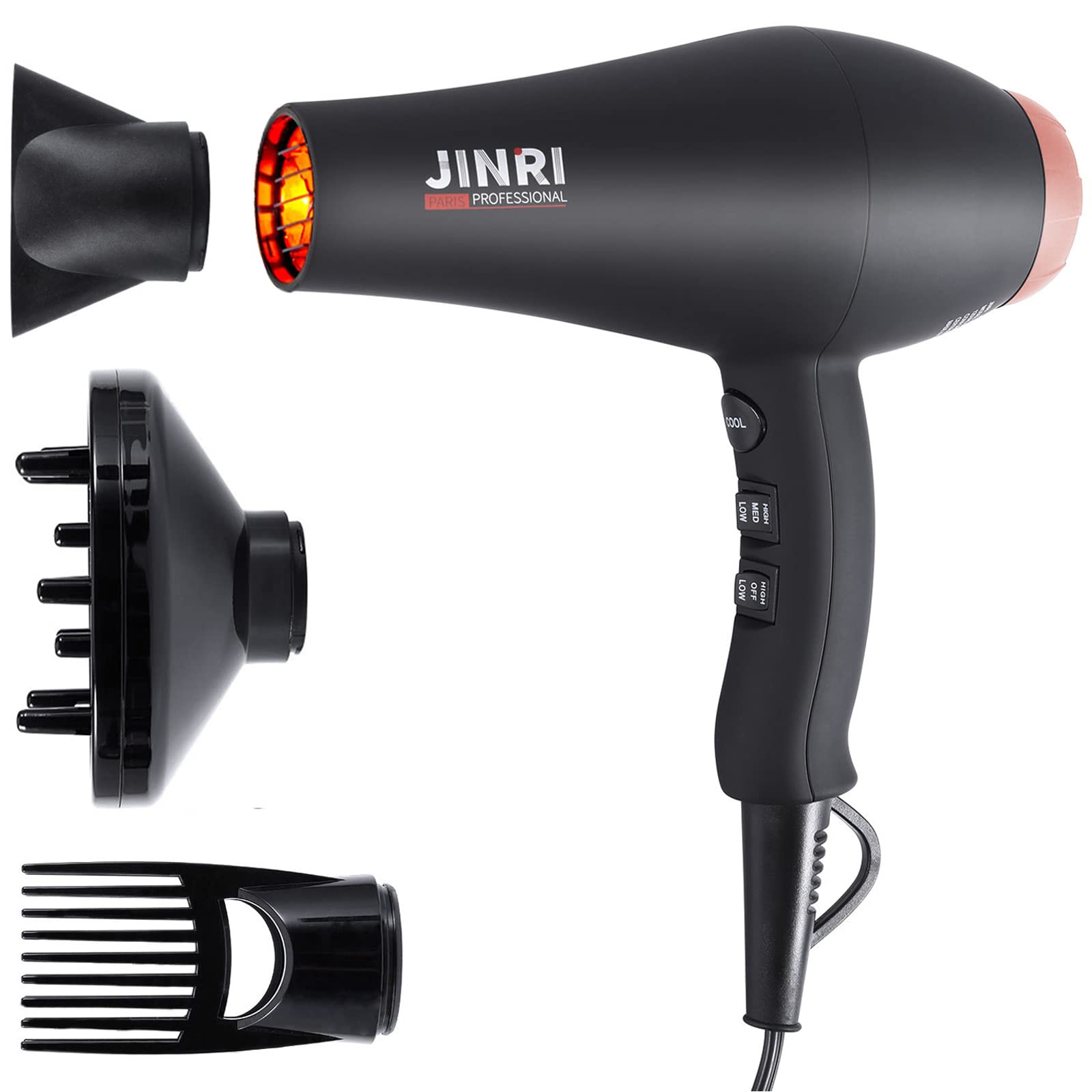Infrared Hair Dryer, Professional Salon Negative Ionic Blow Dryers for Fast Drying, Pro Ion Quiet Hairdryer with Diffuser & Conc