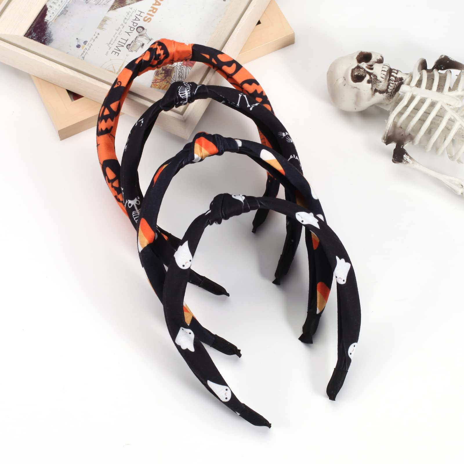 Budsmile 4 Pcs Headbands For Women Girls Halloween Pumpkin Sugar Skeleton Skull Ghost Hairbands Gifts Makeup Hair Hoop