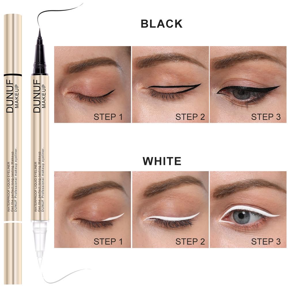 Beuking Waterproof Eyeliner Pen, Black/White, Smooth, Easy To Apply, Long Lasting, Anti-Sweat, Quick Drying, Oil-Proof, Convenie