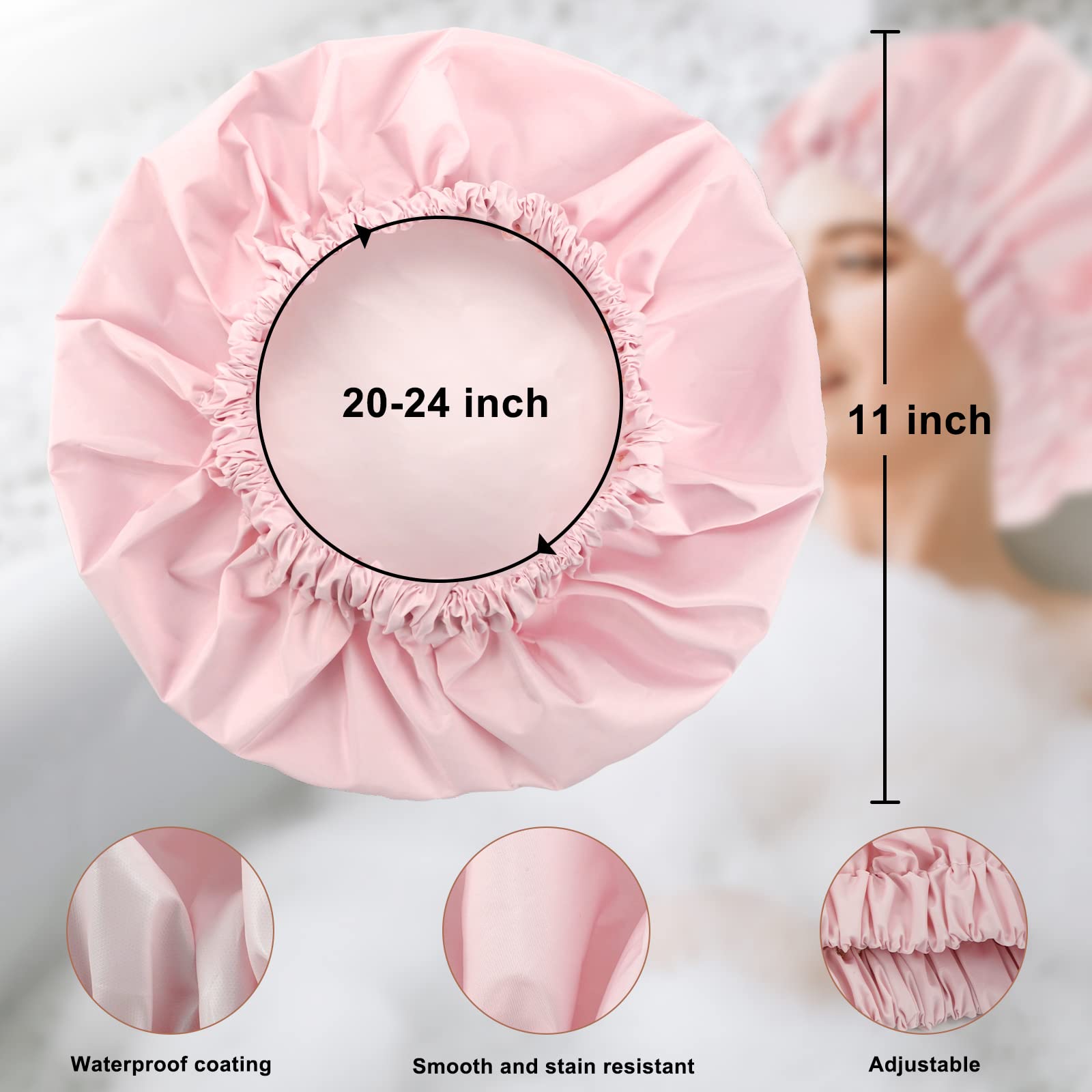 Reusable Shower Cap For Women, Large Waterproof Shower Bonnet Washable Elastic Band Bath Hair Hat For Long Hair, Braids(Pink&Bei