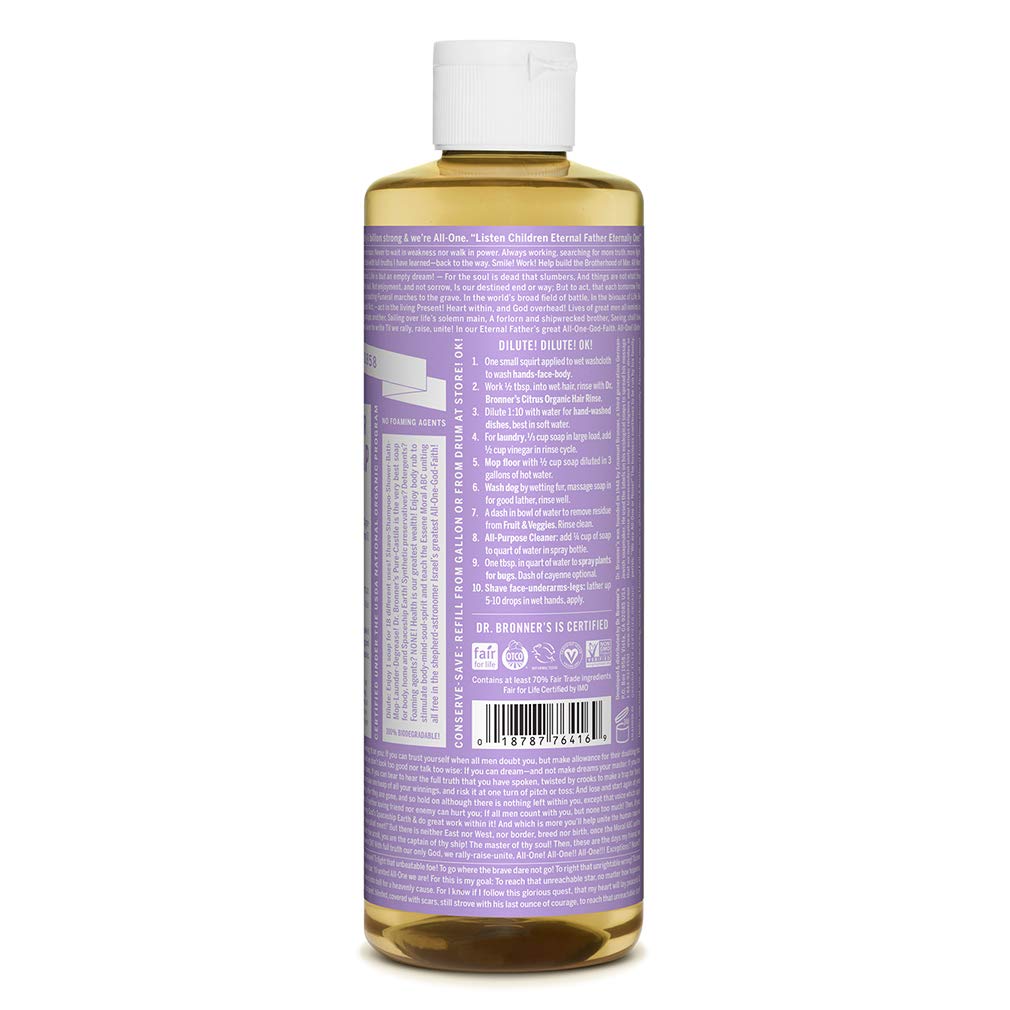 Dr Bronneras - Pure-Castile Liquid Soap (Lavender, 16 Ounce) - Made With Organic Oils, 18-In-1 Uses: Face, Body, Hair, Laundry,