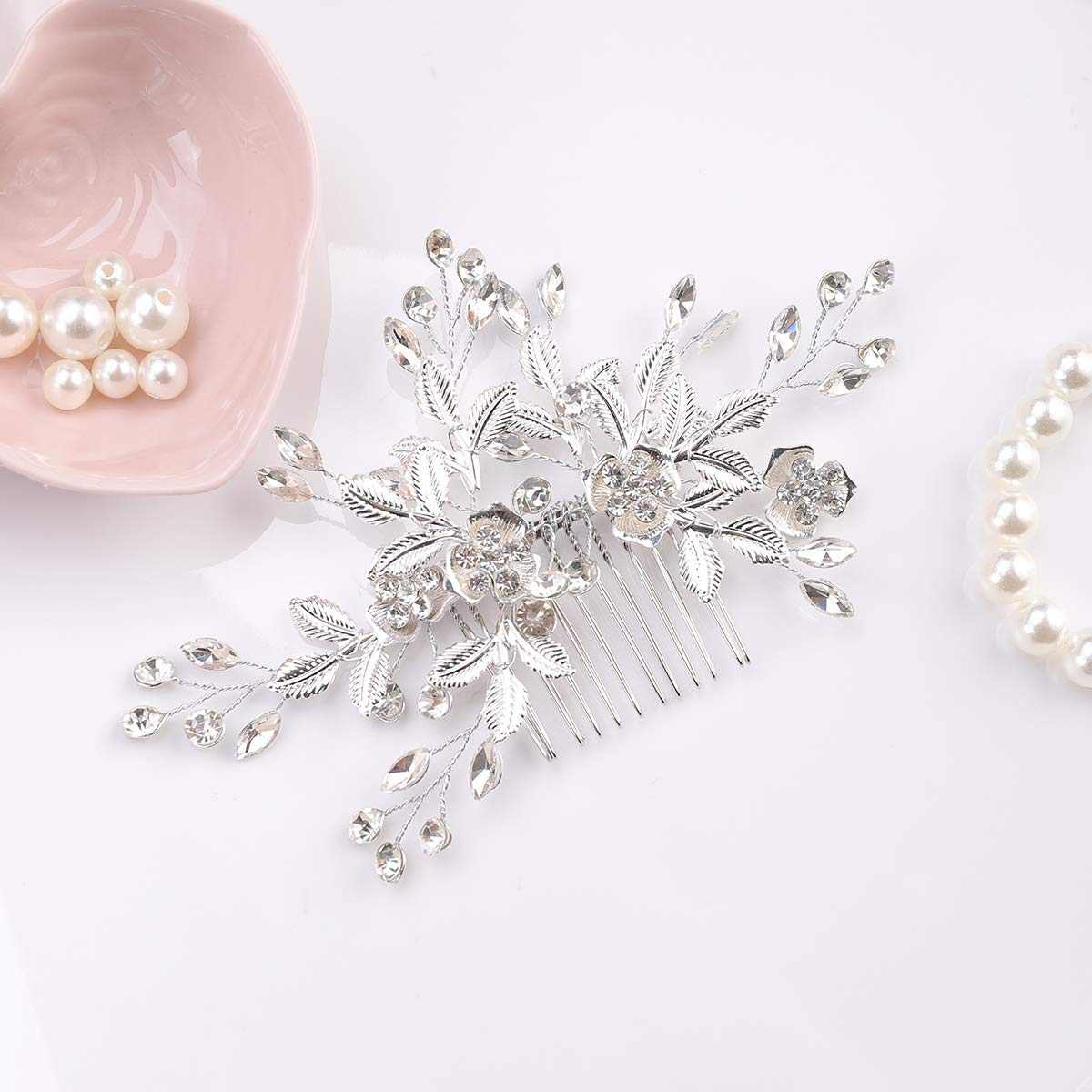 YERTTER Vintage Rhinestones Bride Wedding Hair Accessories for Brides Crystal Simulated Pearl Floral Leaves Bridal Hair Comb for