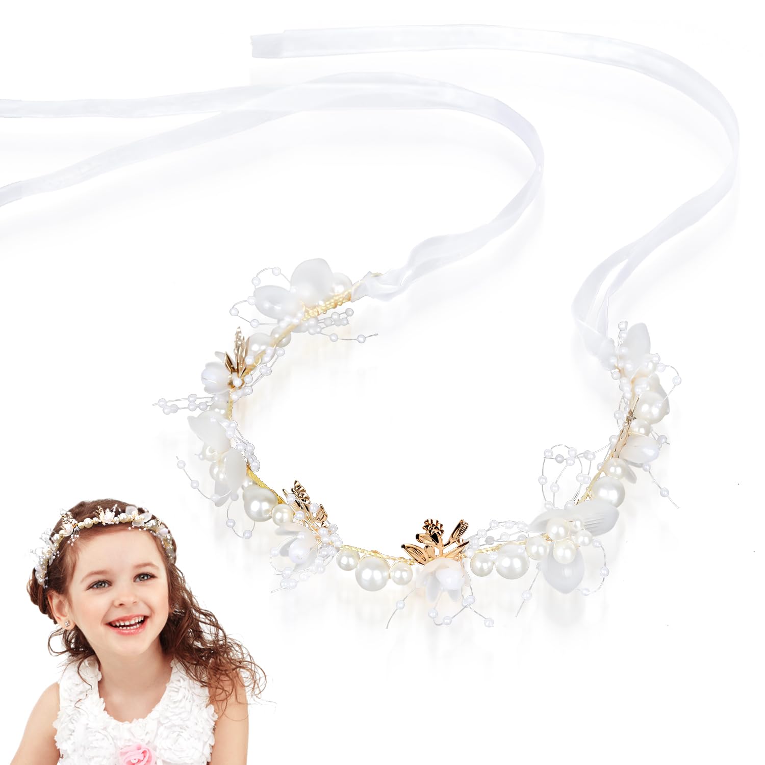 NQEUEPN Flower Girl Hair Accessories, 13.7 x 1.96 inch Tiara Wedding White Children's Hair Accessories Adjustable Girl Flower He