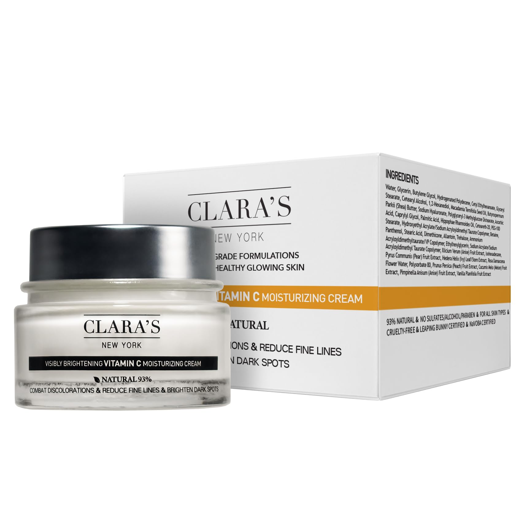 CLARA'S NEW YORK | Brightening Vitamin C Moisturizer Face Cream | with Hyaluronic Acid | Acne Scars Dark Spots Reduce Fine Lines