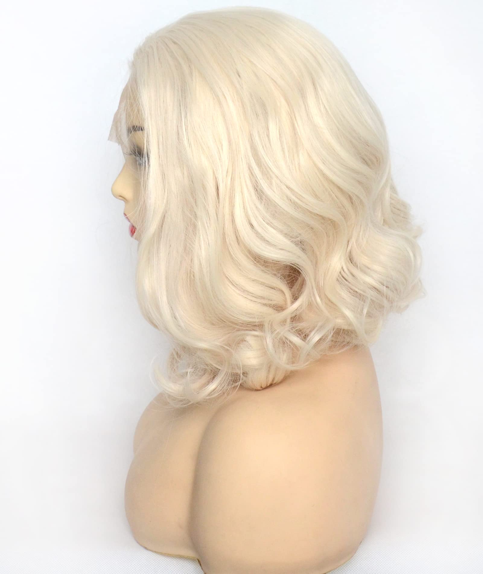 BLUPLE Platinum Blonde Lace Front Wig Short Bob Style White Blonde 60# Wavy Curly Synthetic Hair Side Part Half Hand Tied Replac