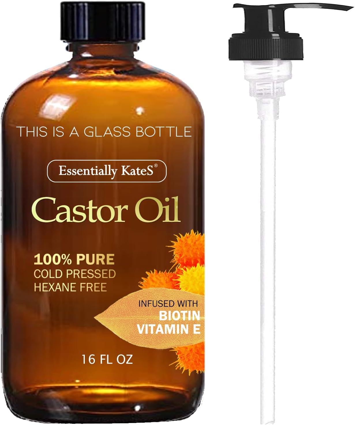 Essentially Kates Castor Oil 16 Fl Oz (Glass Bottle) - Biotin + Vitamin E - A Huge Glass Bottle With A Pump - 100% Pure And Natu