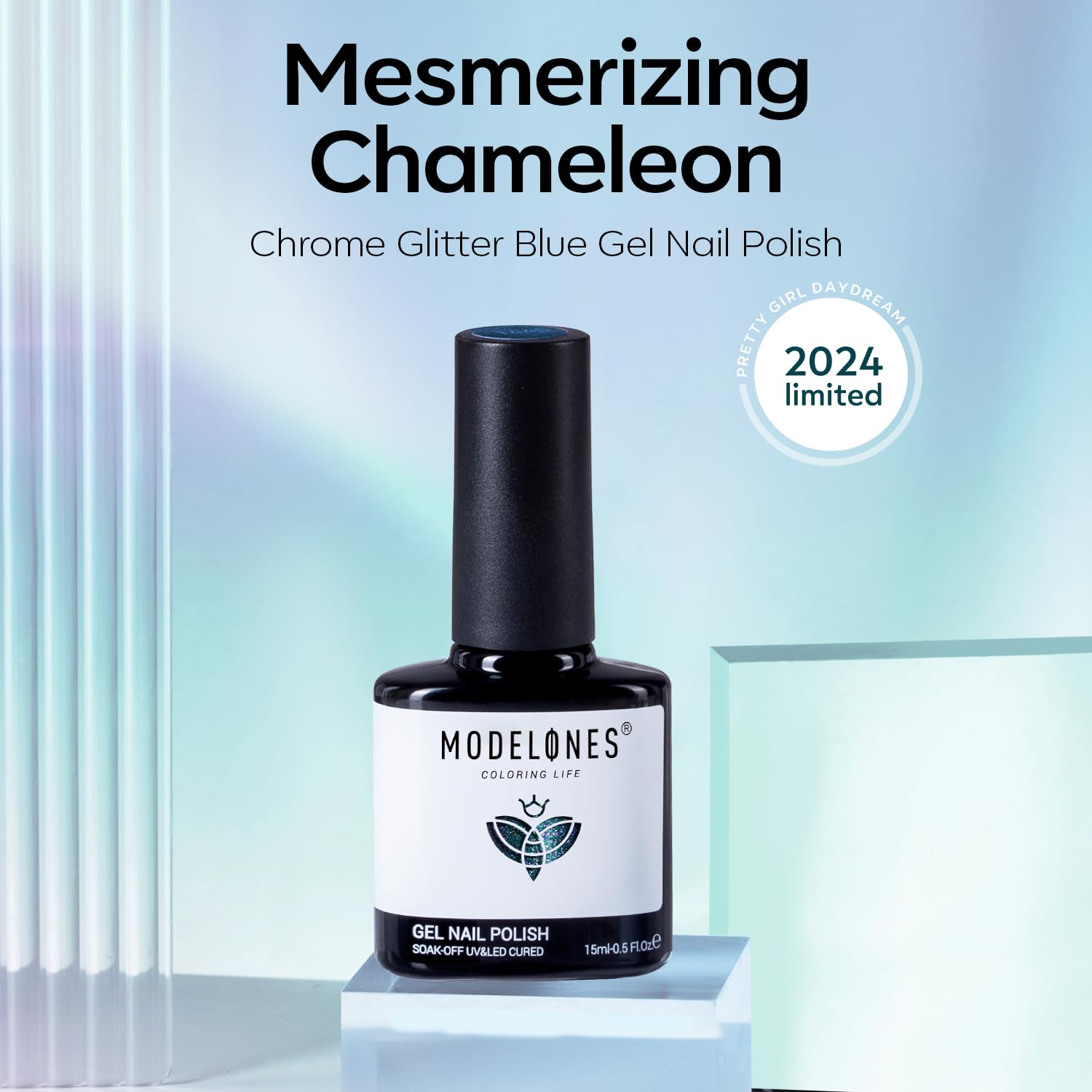 Modelones Chameleon Blue Gel Nail Polish, 15Ml Shimmer Blue Gel Polish Glitter Sparkle Gel Nail Soak Off Led Summer Nail Gel Pol