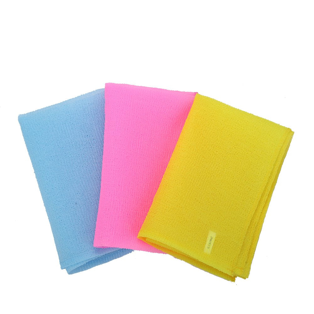 Kakooi Long Exfoliating Nylon Bath Cloth/Towel, Magic Shower Washcloth For Body, 35 Inches(3Pcs, Blue&Yellow&Pink)