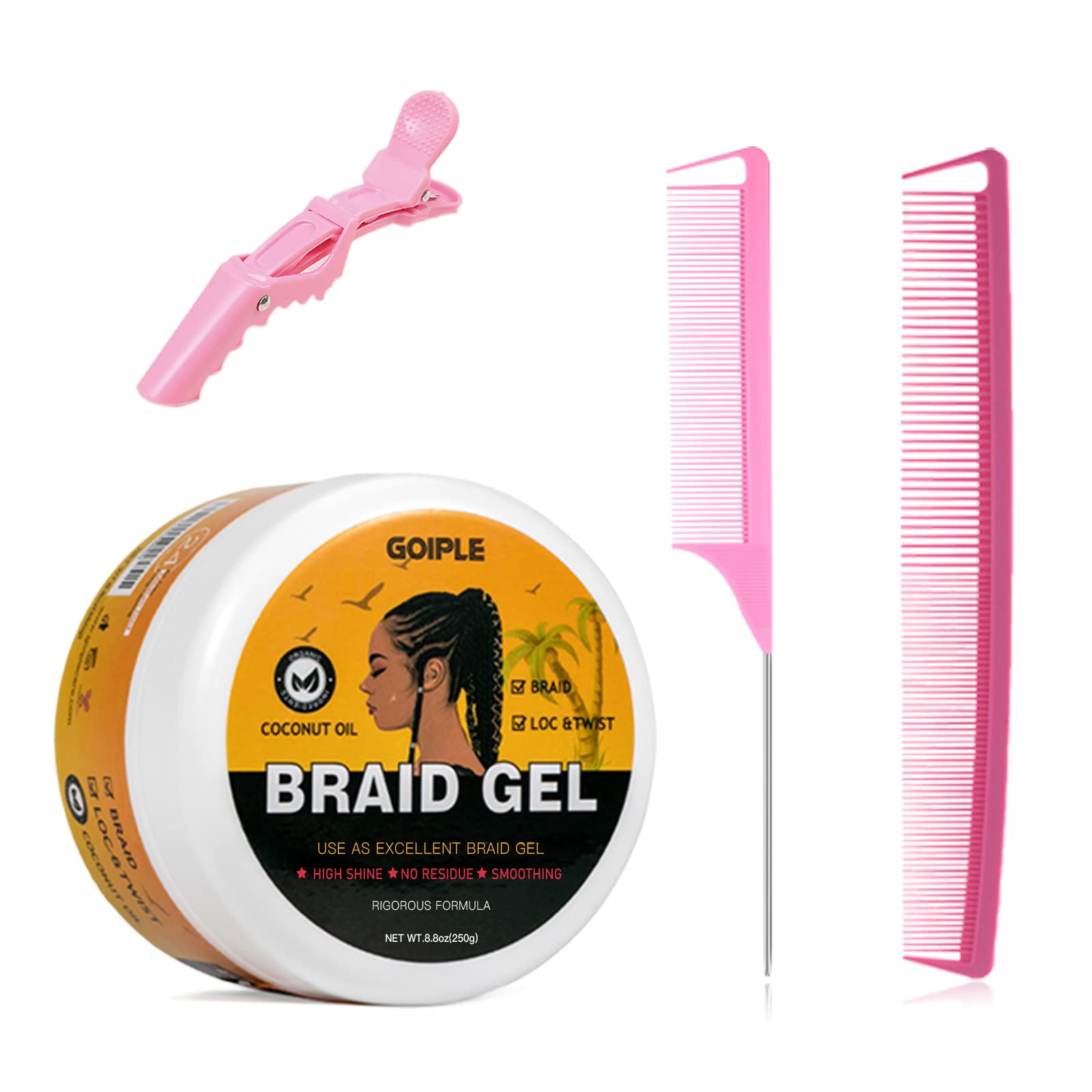 Goiple Strong Hold Braid Gel Good For Twist, Locs, Braids, Edge No Flake Extra Hold High Shine Braiding Gel & Edge Control 8.8Oz