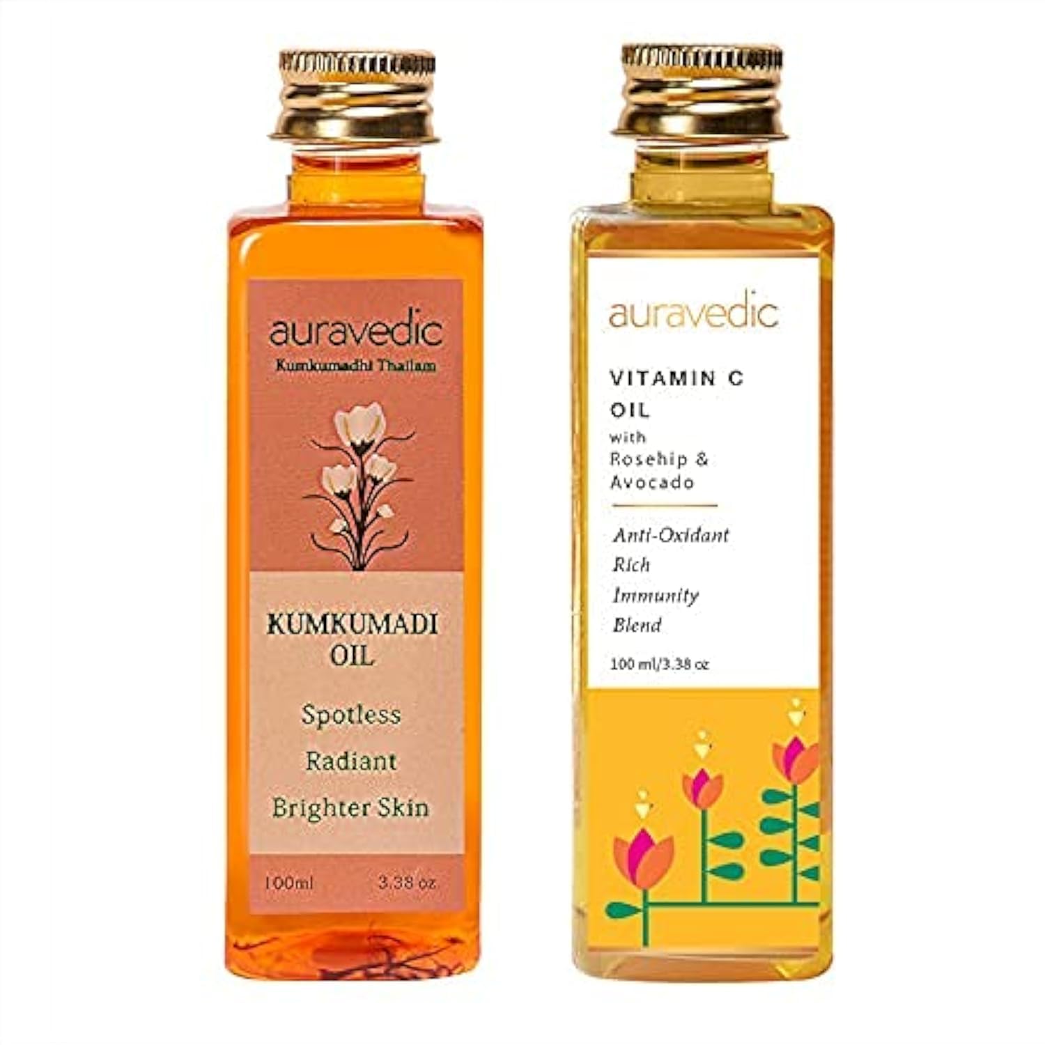 Auravedic Kumkumadi Saffron & Vitamin C Oil | Hydrating Face Moisturizer | Helps Reduce Fine Lines & Nourishes Dry, Dull Skin | 