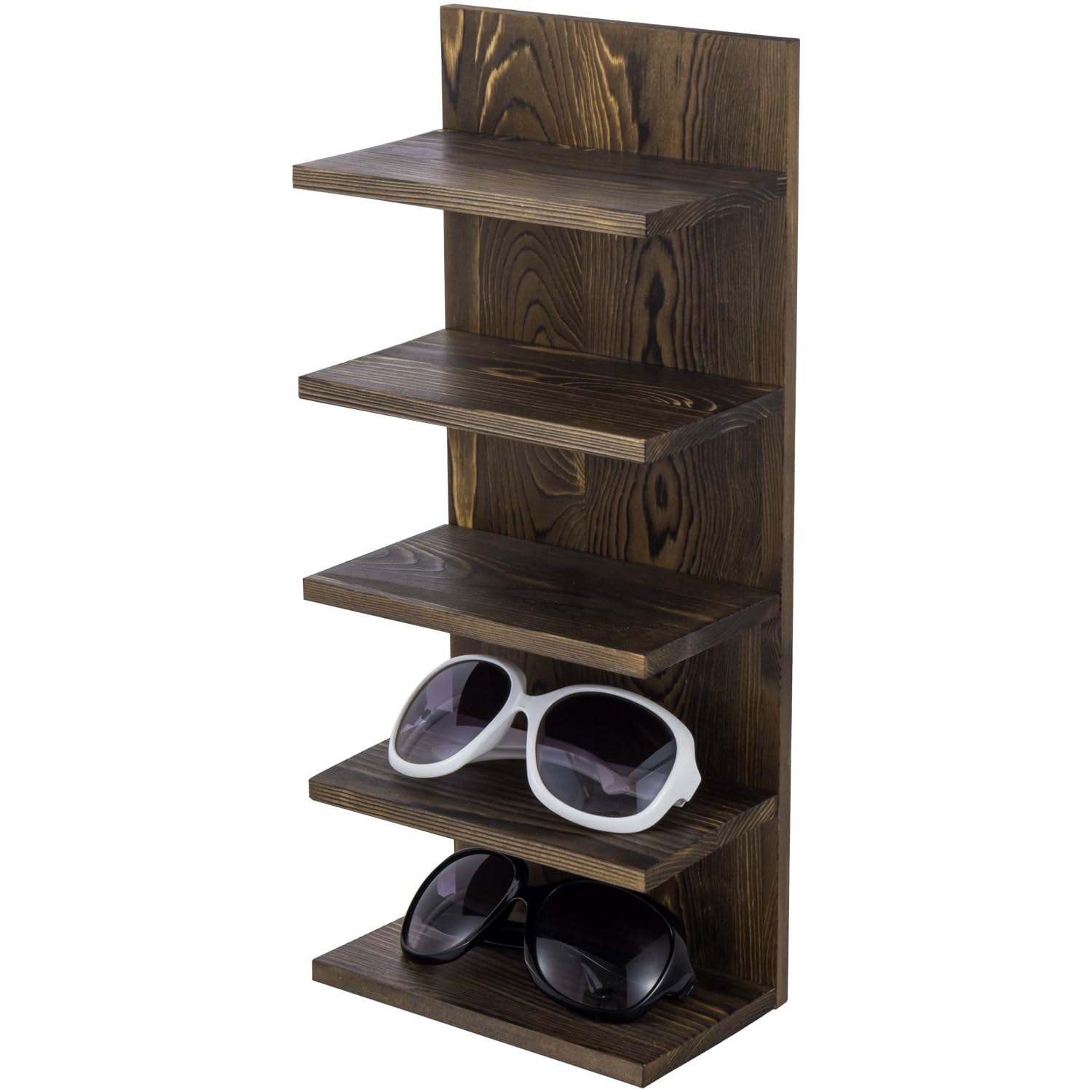 MyGift 5 Tier Rustic Burnt Solid Wood Sunglasses Holder Rack, Wall Mounted Eye Glasses Shelf or Tabletop Display Stand, Retail E