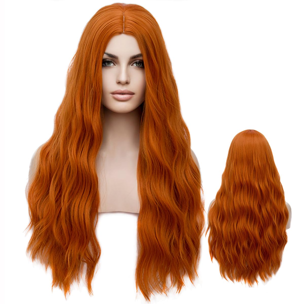 PATTNIUM 27 Inches Orange Wig Long Wavy Wig Dark Orange Wig for Women Girls Milddle Part Ginger Wig Heat Resistant Synthetic Hai