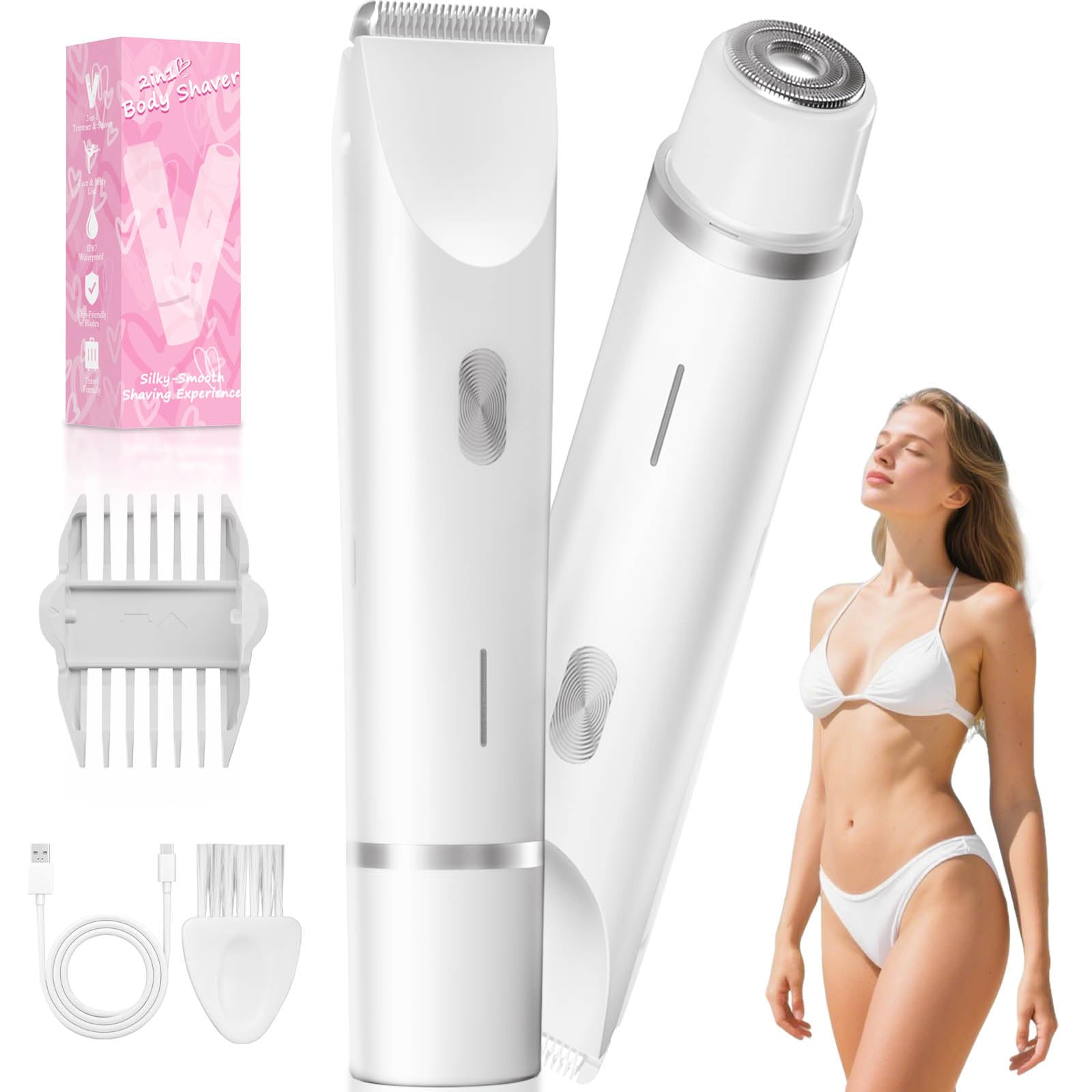 Fanovae Bikini Trimmer for Women, Dual-Ended Electric Razor Personal Shaver for Bikini Line & Pubic Hair, Waterproof USB-C Recha