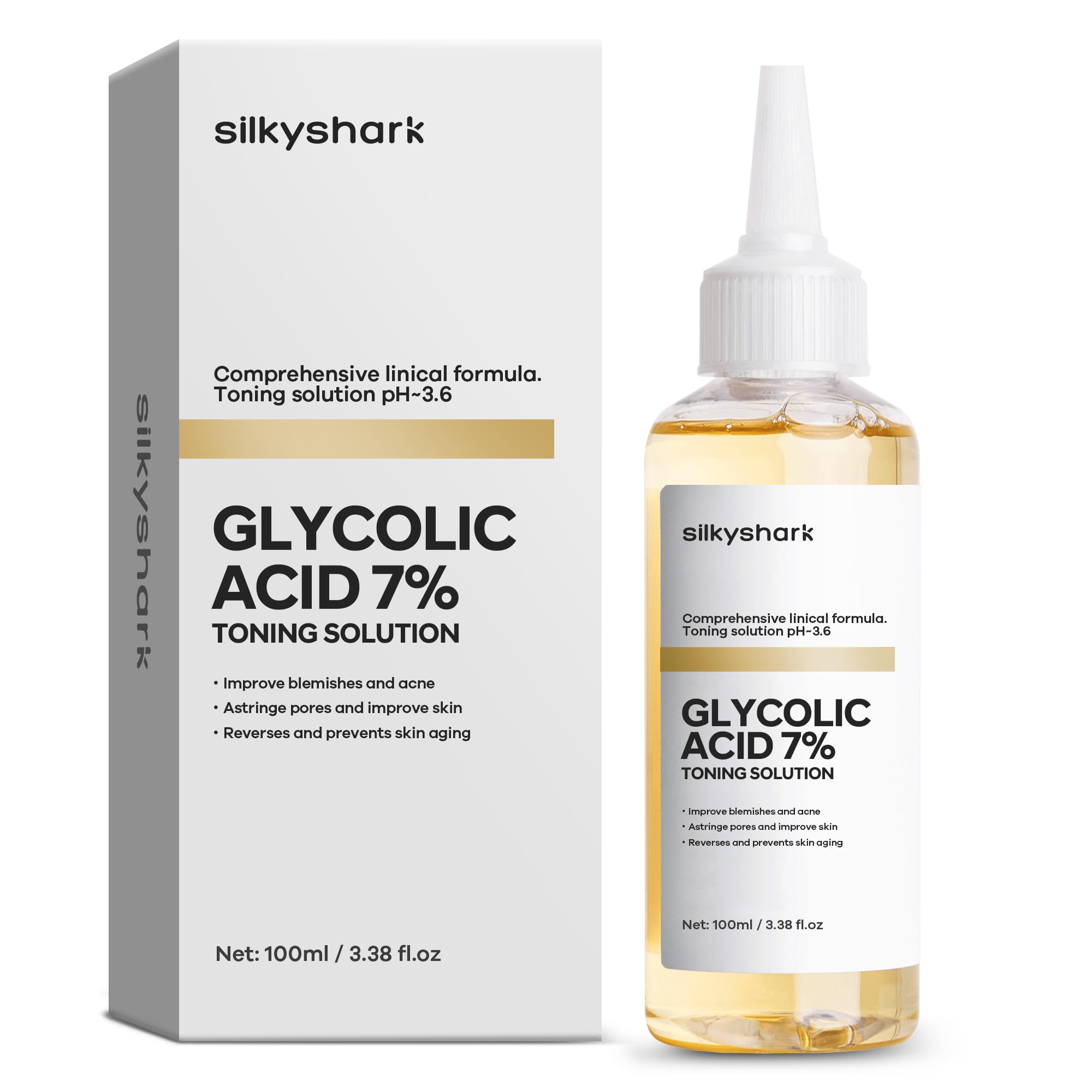 SilkyShark Glycolic Acid 7% Toner (100ml), Gentle Exfoliating Toner, Glycolic Acid 7% Toning Solution for Diminished Dullness, W