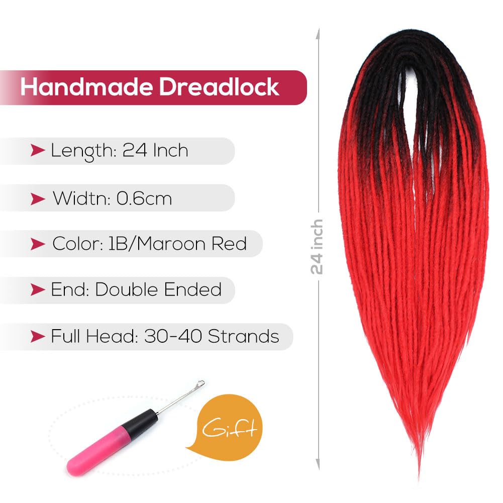 24 Inch Black To Red Double Ended Dreadlock Extensions, 20 Strands Gray To Blonde Synthetic De Dreads Extensions, Thin 0.6Cm Wid