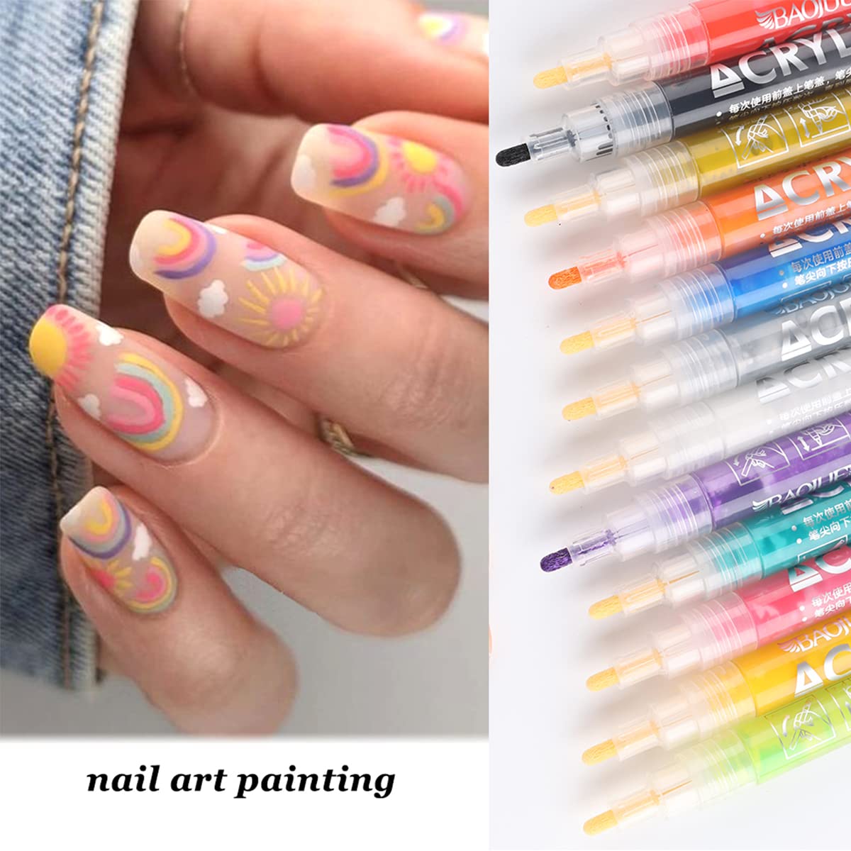 Nail Art Graffiti Pen Set 12Pcs Waterproof Drawing Marker Pen For Nails Neon Enamels Black White Quick Dry Nail Art Painting Pen
