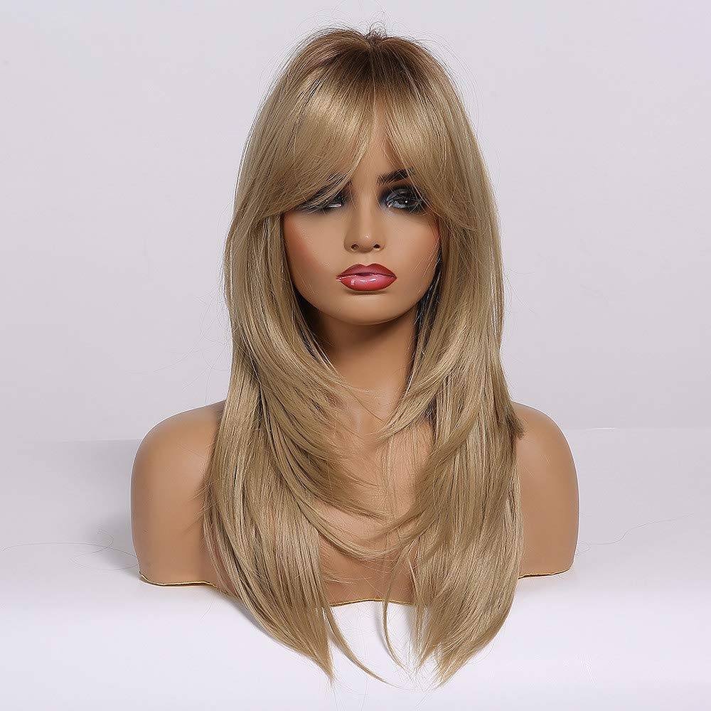 HAIRCUBE Ash Blonde Wigs for Women Long Layered Curly Wig Shoulder Length Heat Resistant Synthetic Wigs with Bangs