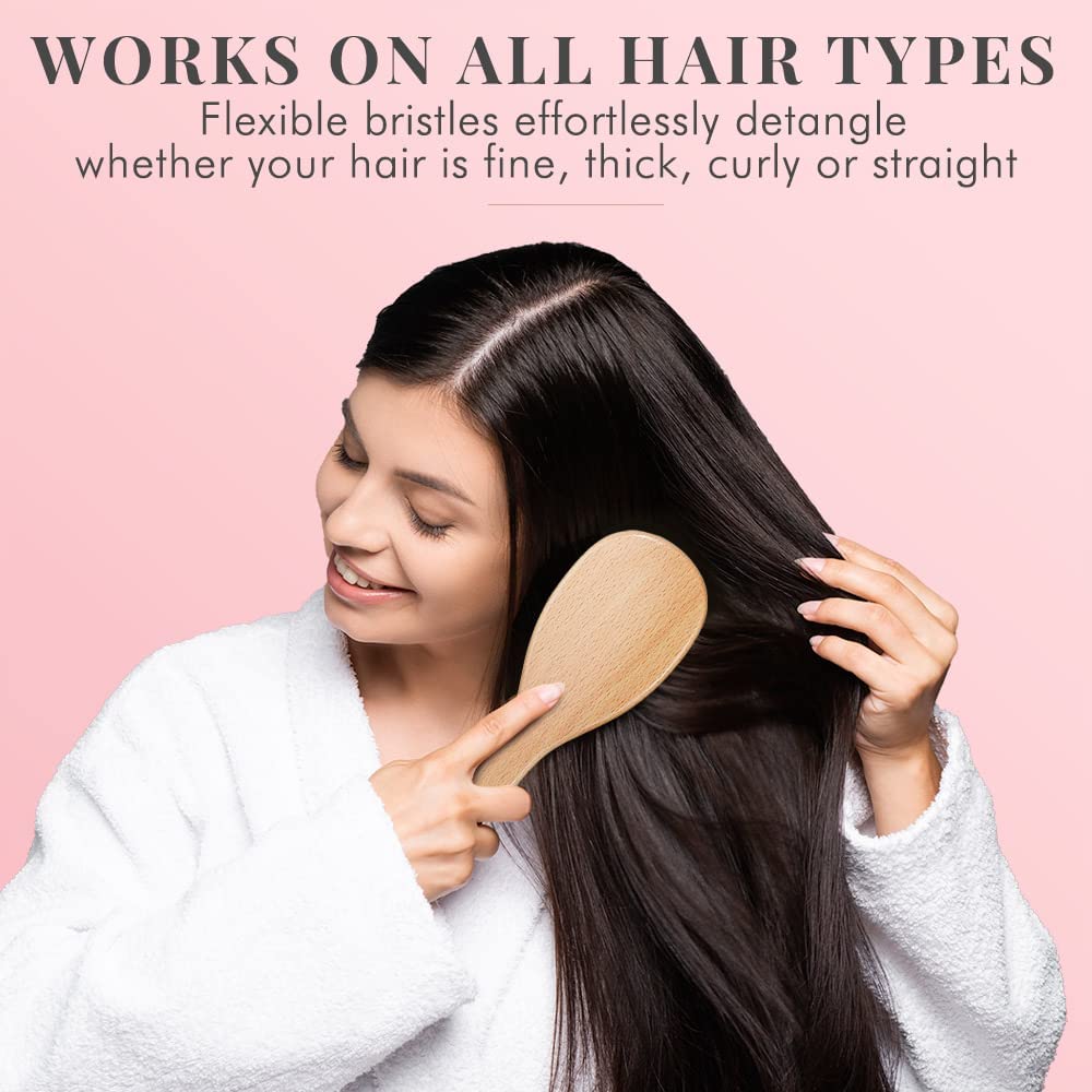 Wooden Hair Brush Set - Paddle Brush, Round Brush & Comb, Hair Brushes With Soft Bristles, Hairbrushes For Women By Lily England
