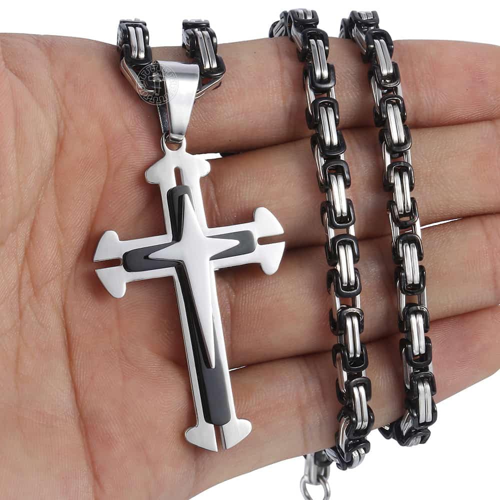 Trendsmax Mens Cross Pendant Necklace Stainless Steel Black Silver Byzantine Chain 22inch