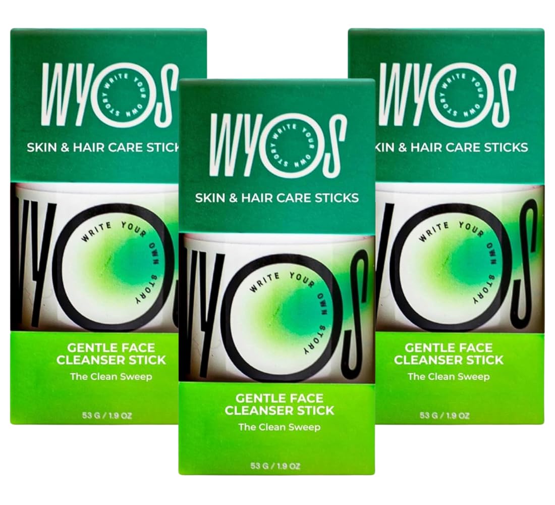Wyos Face Cleanser Stick 3 Pack, Travel Friendly Leak Free, Vegan, Cruelty Free, Sulfate Free, Paraben Free, Sensitive Skin Make