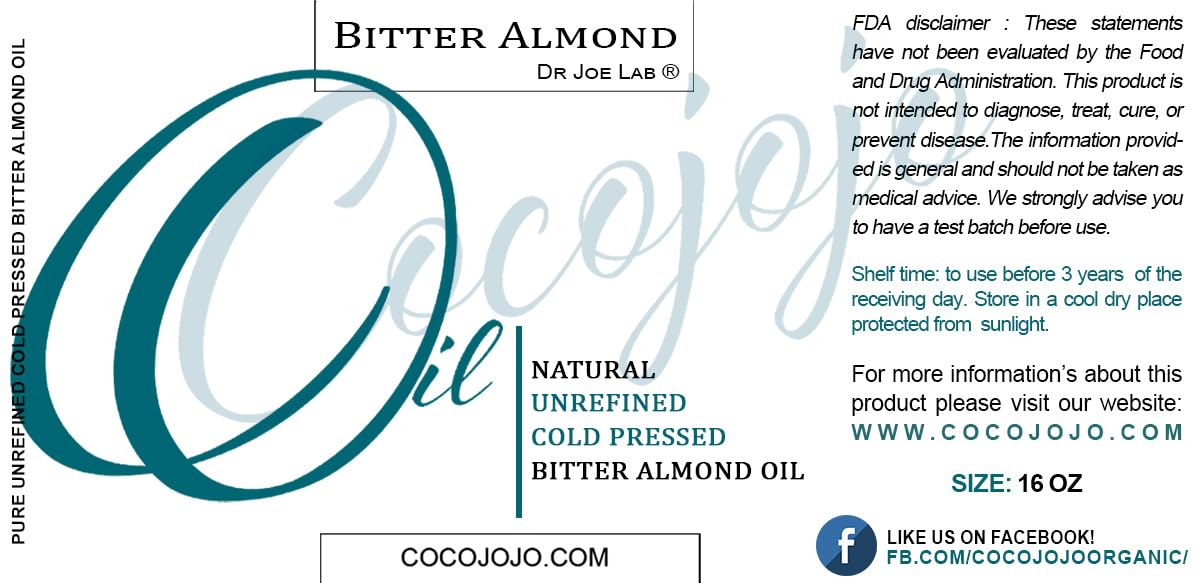 Dr Joe Lab Bitter Almond Oil - 16 oz - 100% Pure, All Natural, Organic Sourced, Non GMO, Carrier Oil - for Skin, Hair, Body, Nai