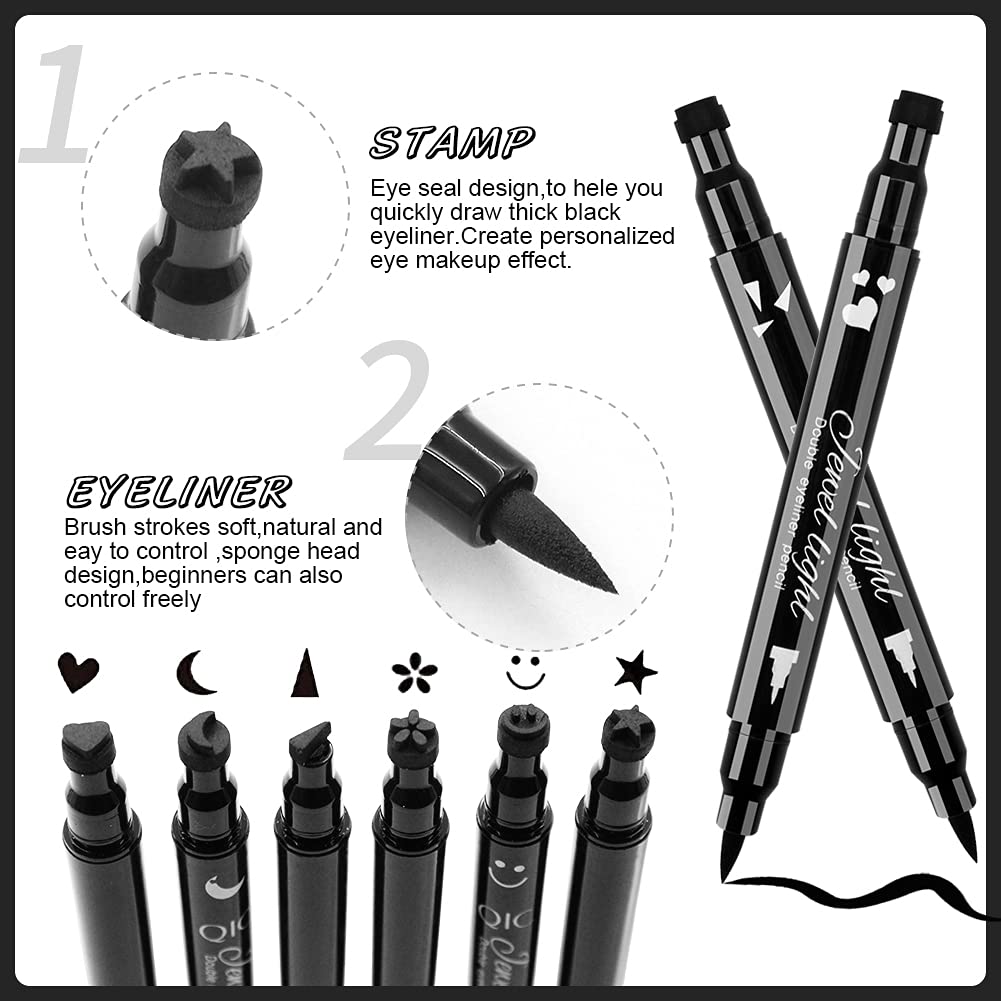 POPMISOLER 8 Pack Liquid Eyeliner Stamp Set - Waterproof, Long Lasting, Includes 6 Eyeliner Stamps & 2 Eyebrow Pencils, 8 Count
