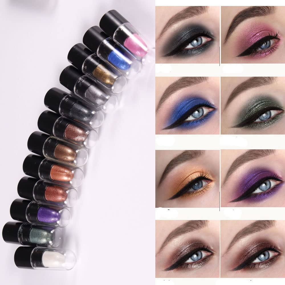 Amy'S Diary 12 Colors Glitter Eyeshadow Stick Pen Makeup Set, Smoky Eye Shadow Pencil Crayon Dnm Waterproof Gold Gray Silver Whi