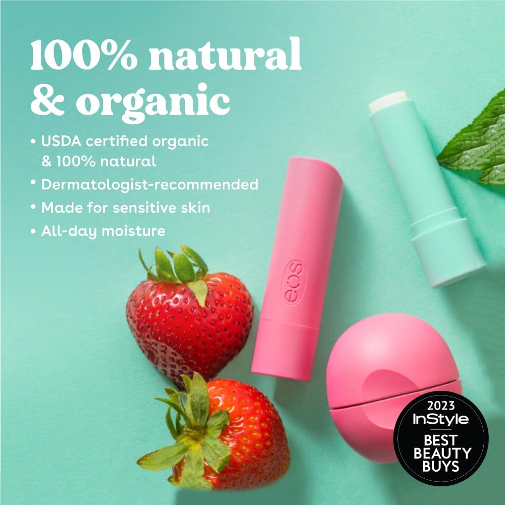 Eos 100% Natural & Organic Lip Balm Sticks- Sweet Mint, All-Day Moisture, Dermatologist Recommended For Sensitive Skin, 0.14 Oz,